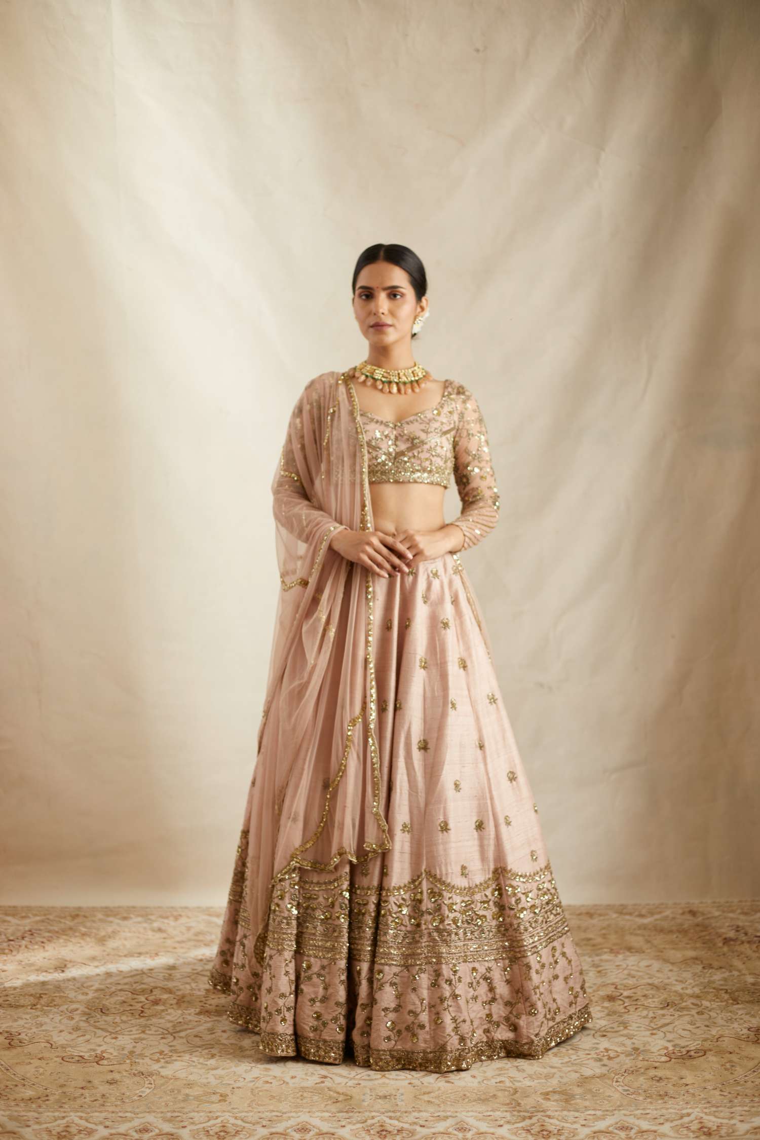 Peach Pink Embroidered Lehenga Set