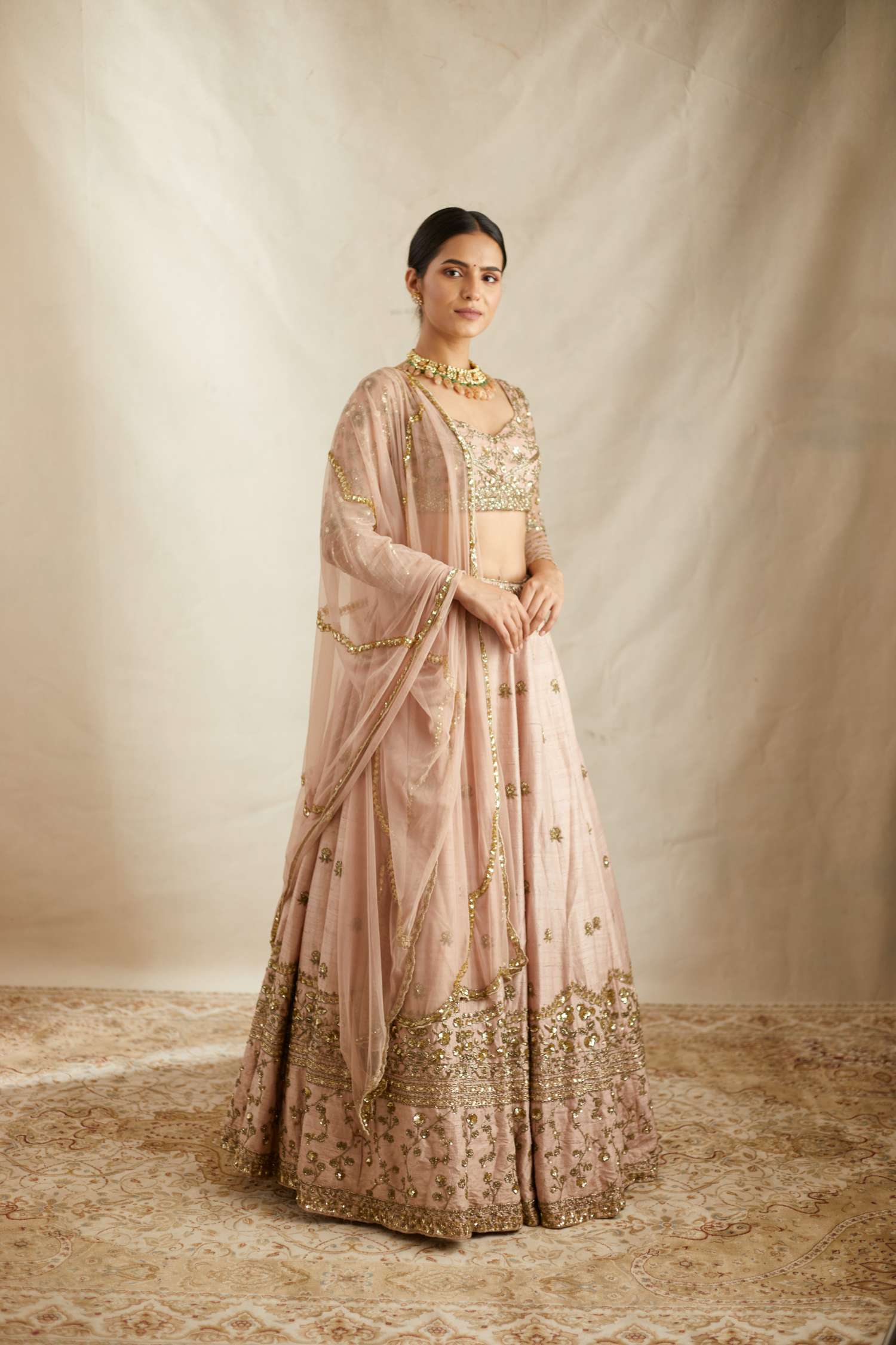 Peach Pink Embroidered Lehenga Set