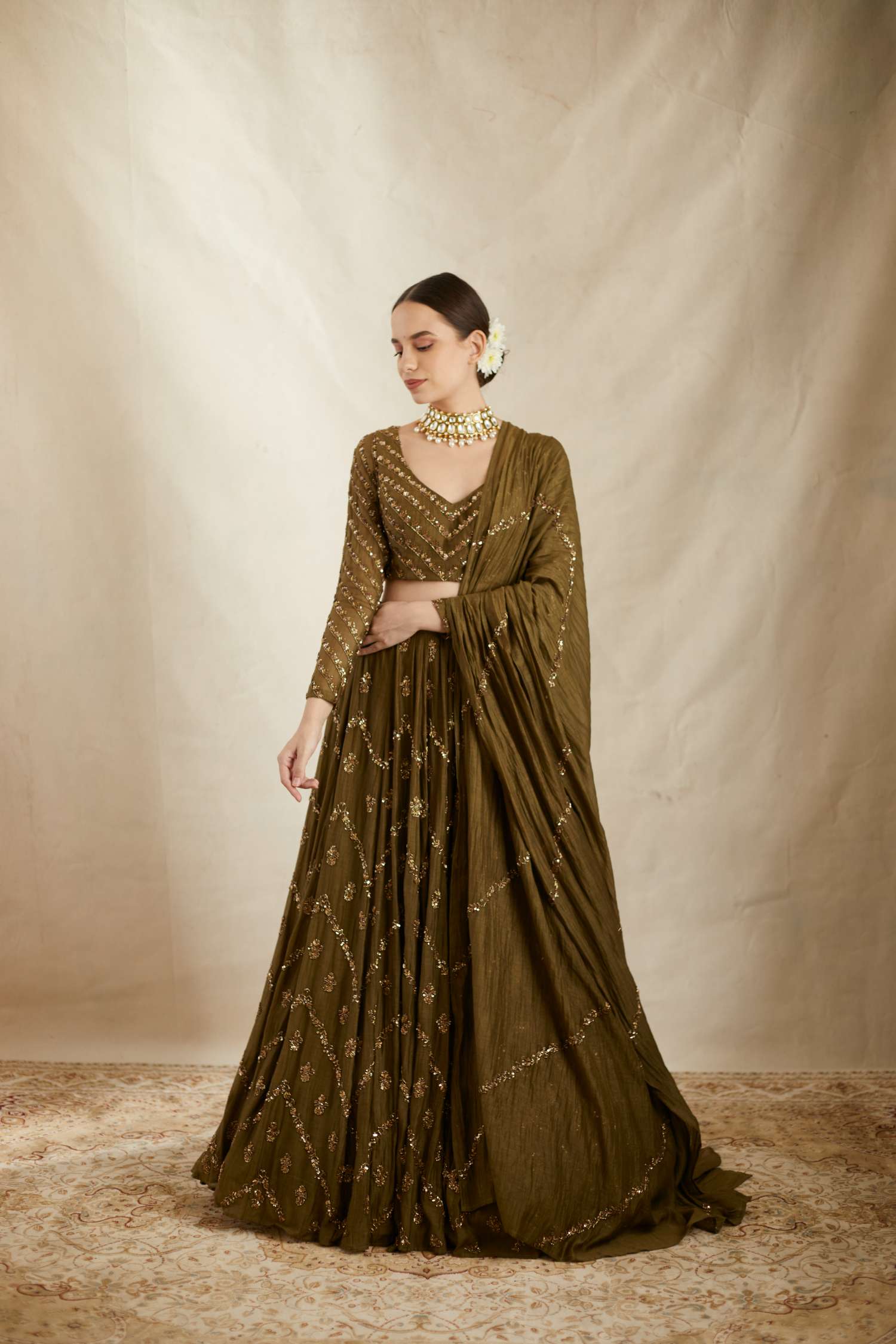 Parrot Green Chanderi Lehenga Set