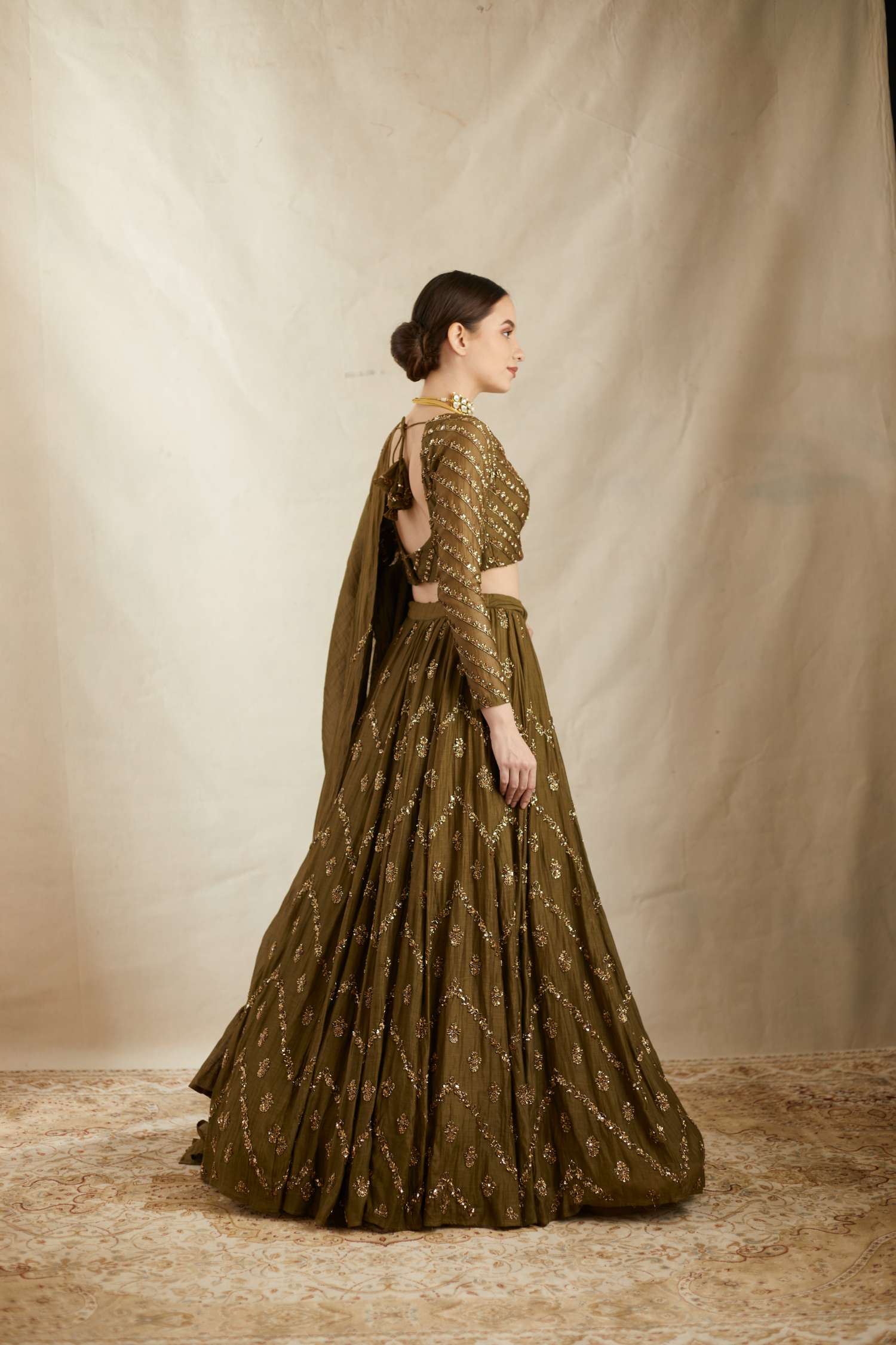 Parrot Green Chanderi Lehenga Set