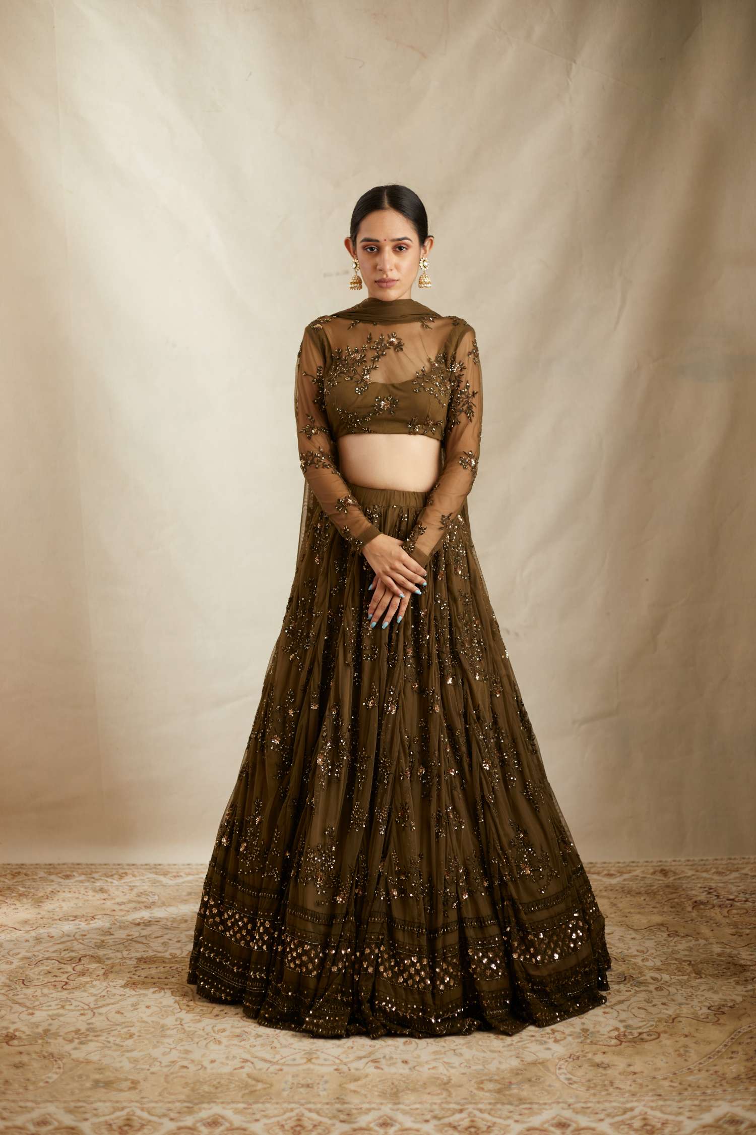 Dark Green Thread Work Lehenga Set