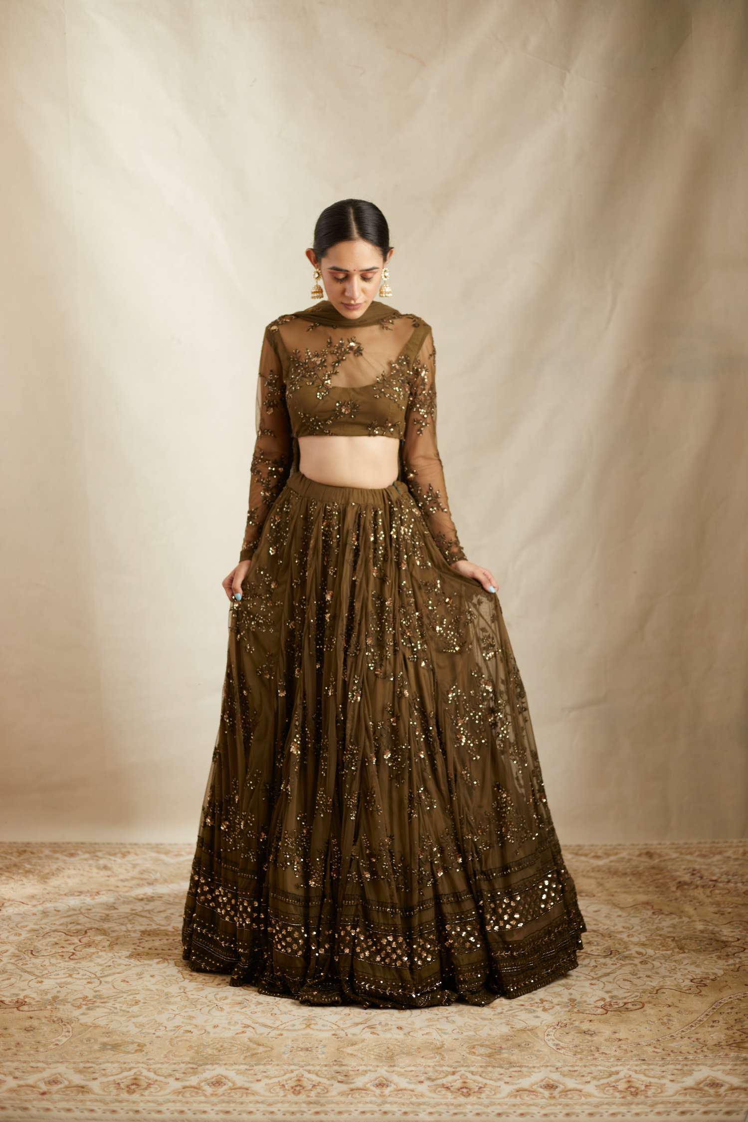 Dark Green Thread Work Lehenga Set