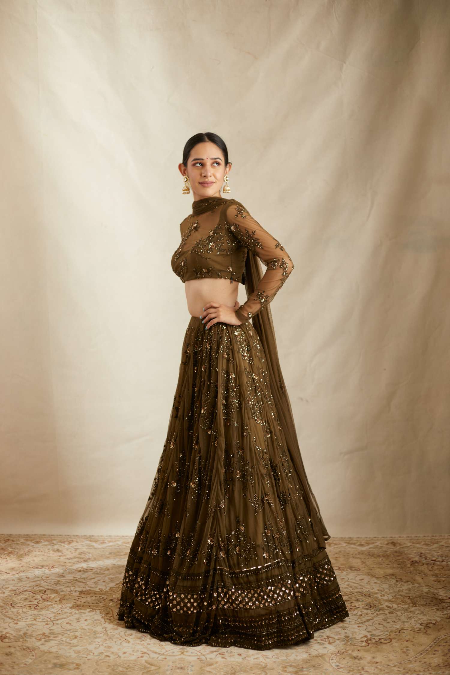 Dark Green Thread Work Lehenga Set