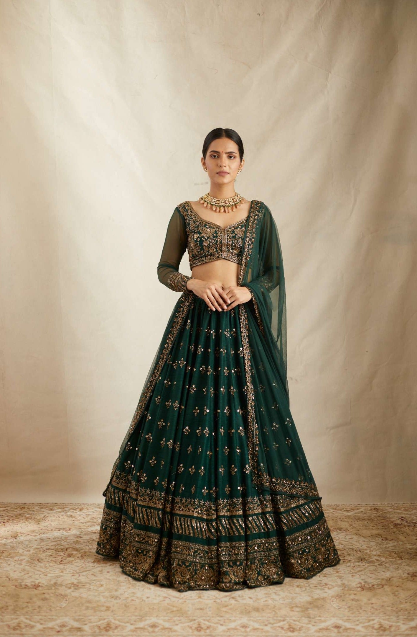 Embrelled Green Raw Silk Lehenga Set