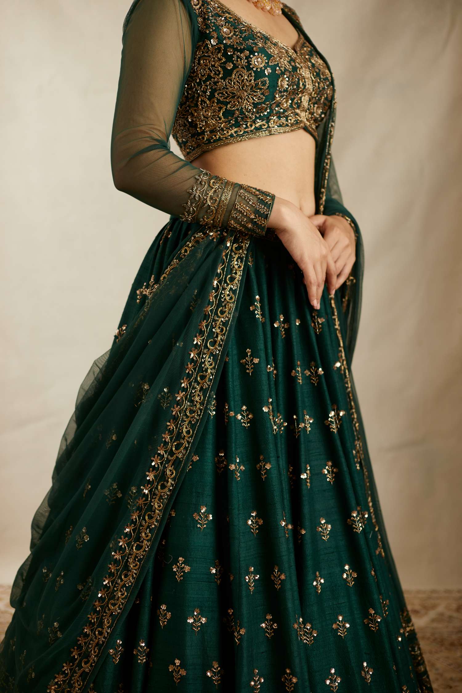 Embrelled Green Raw Silk Lehenga Set
