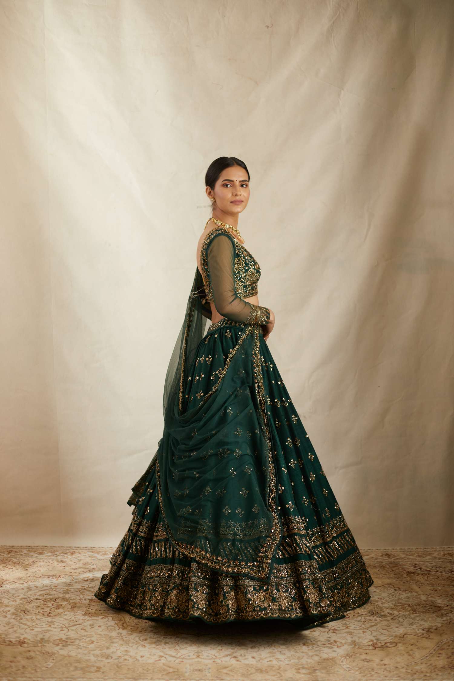 Embrelled Green Raw Silk Lehenga Set
