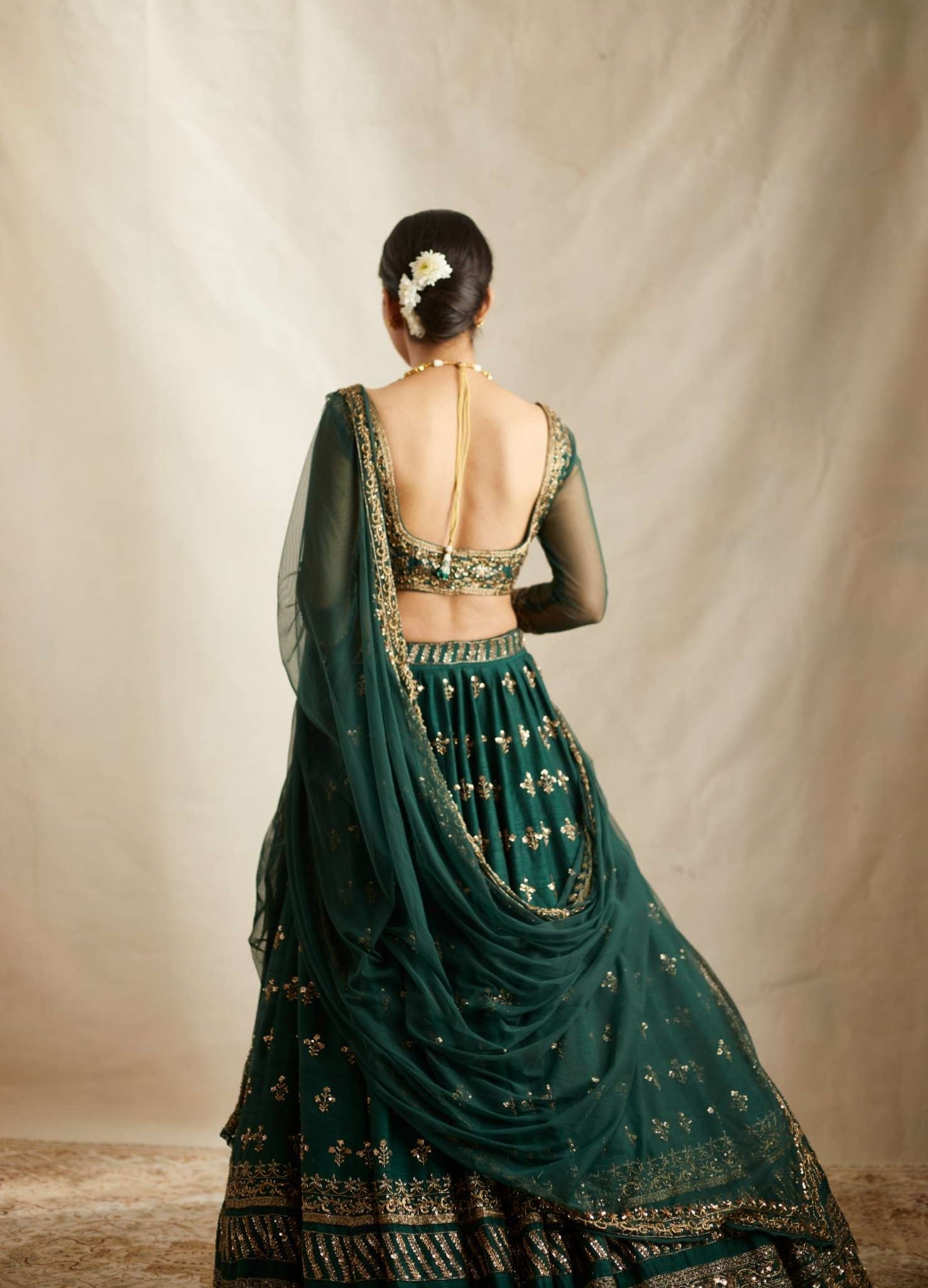 Embrelled Green Raw Silk Lehenga Set