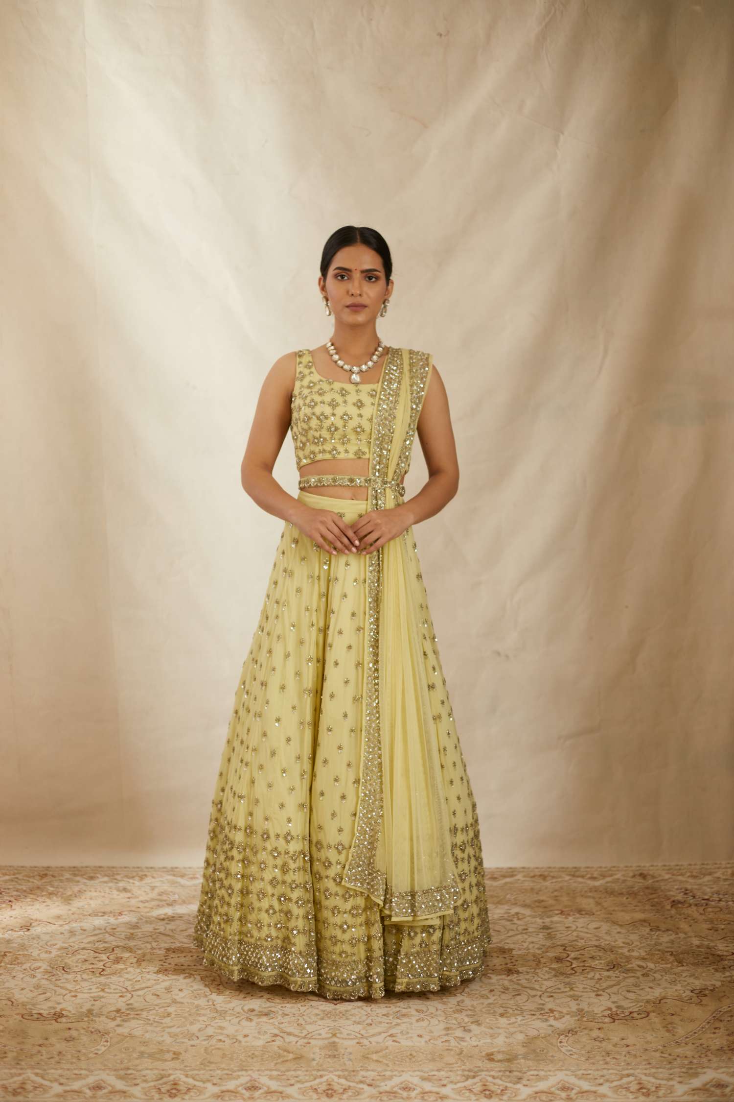 Yellow Net Crepe Embroidered Lehenga Set