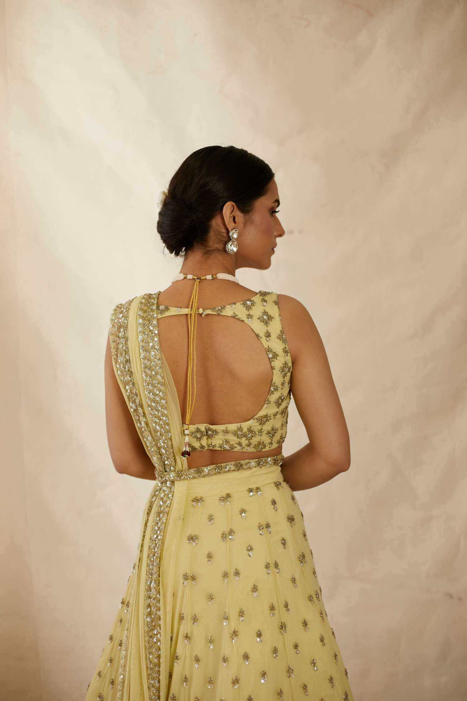 Yellow Net Crepe Embroidered Lehenga Set