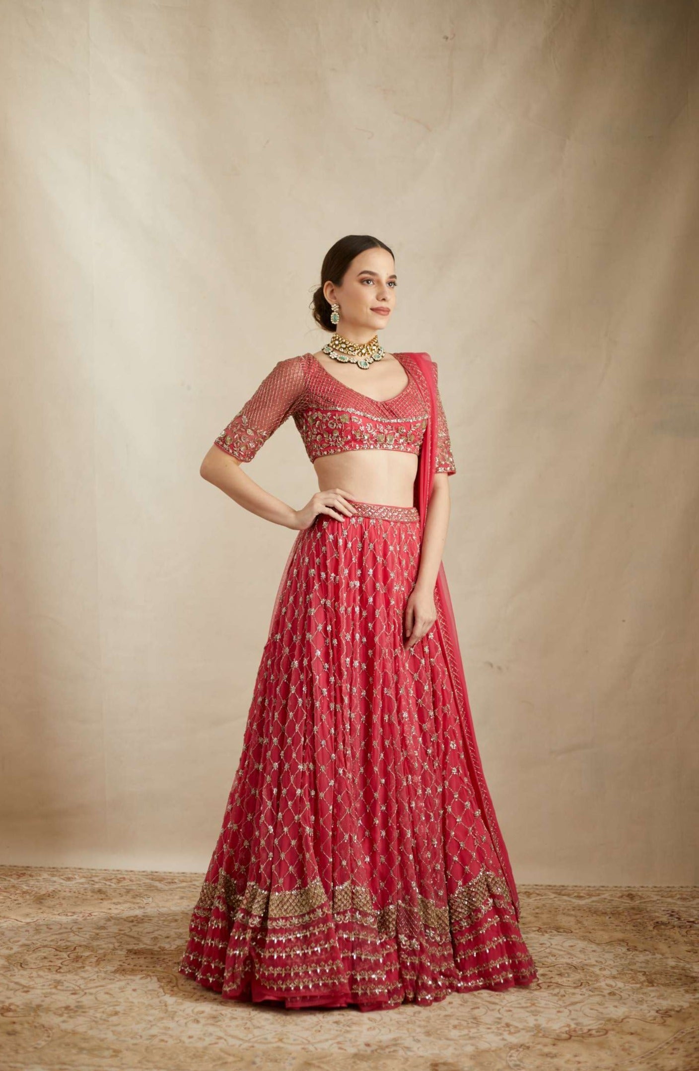 Caramine Pink Heavy Jaal Work Lehenga Set