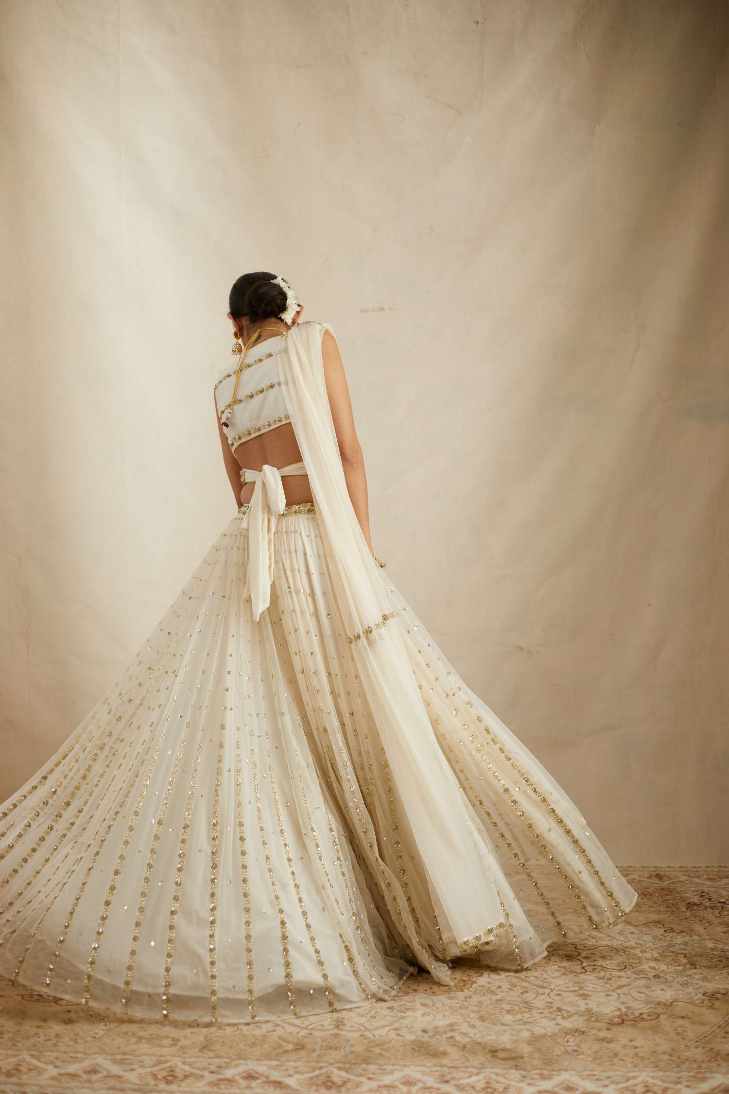 Off White Net Crepe Line Embroidered Lehenga Set