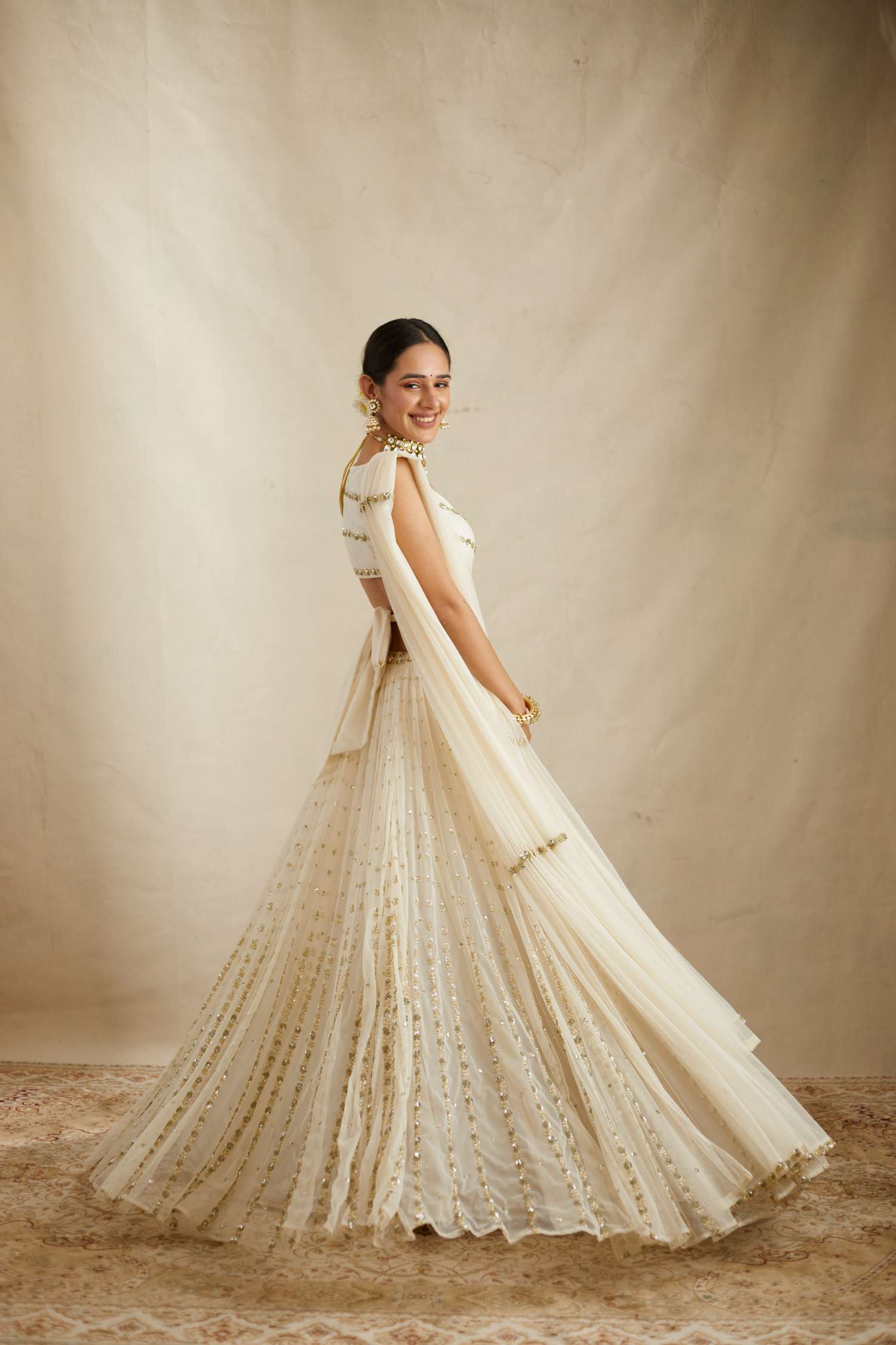 Off White Net Crepe Line Embroidered Lehenga Set
