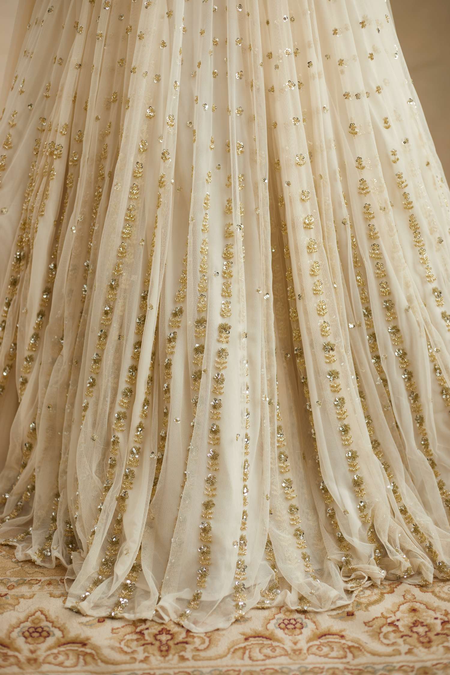 Off White Net Crepe Line Embroidered Lehenga Set