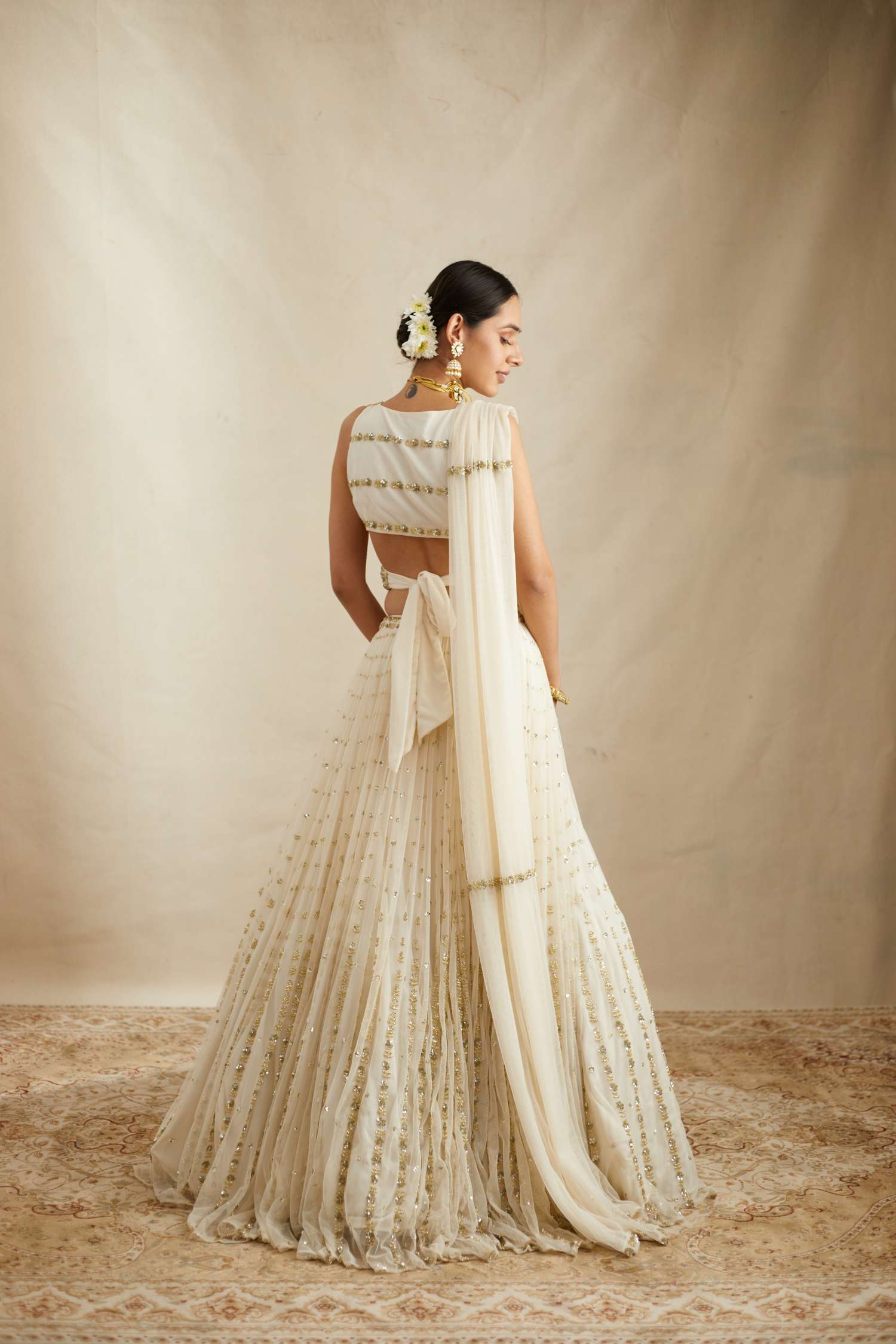 Off White Net Crepe Line Embroidered Lehenga Set