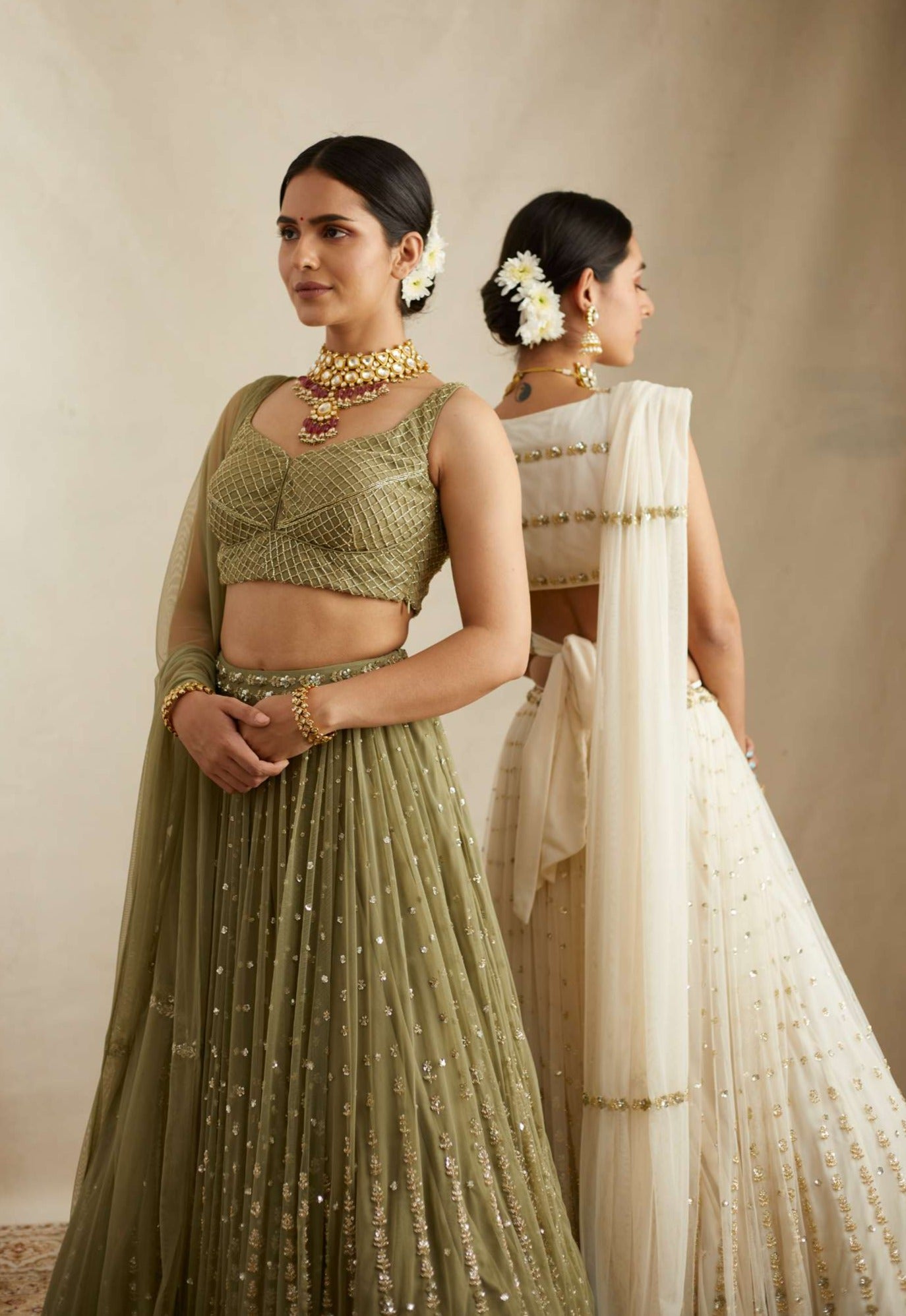 Olive Green Net Crepe Line Embroidered Lehenga Set