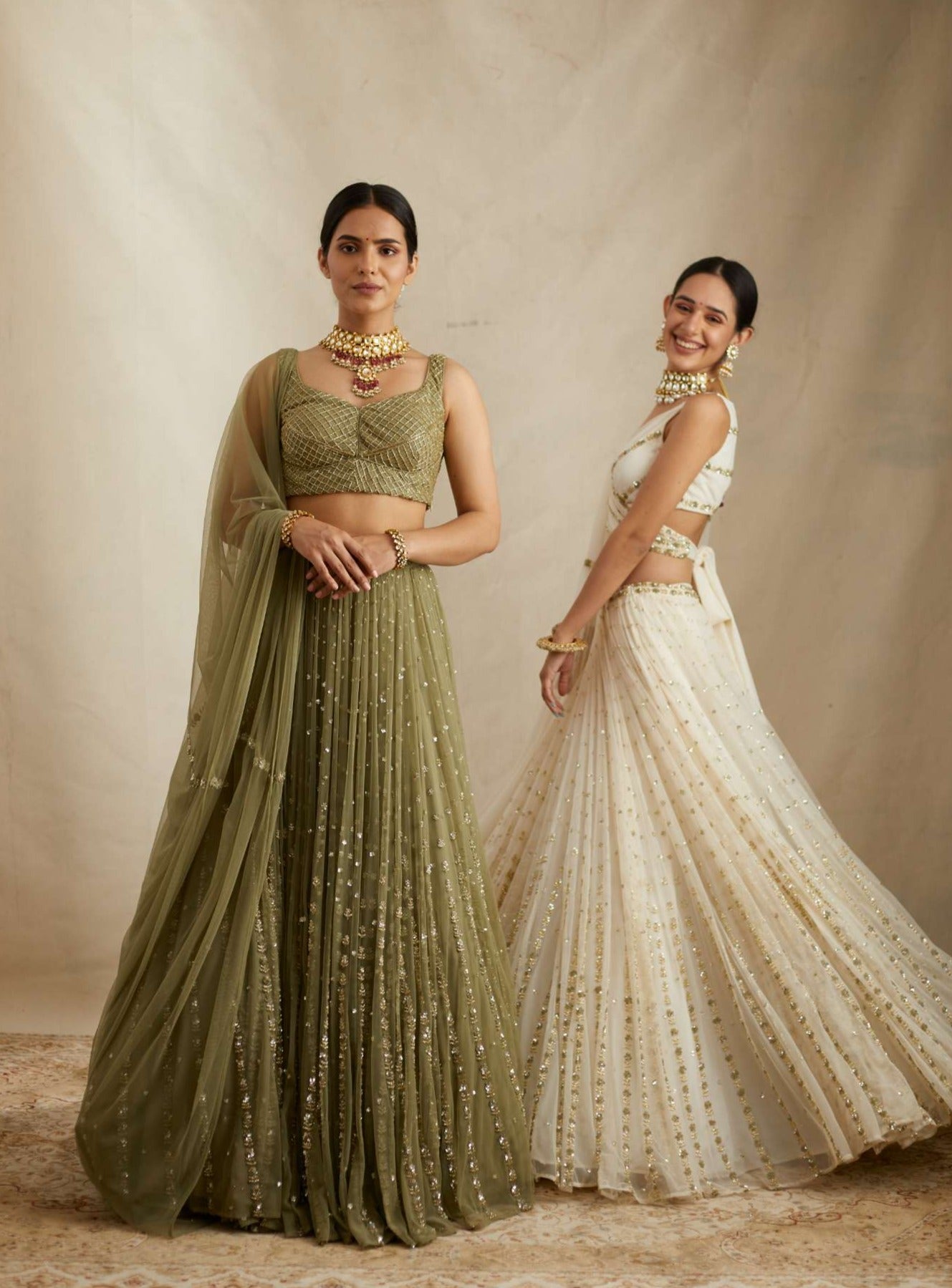 Olive Green Net Crepe Line Embroidered Lehenga Set