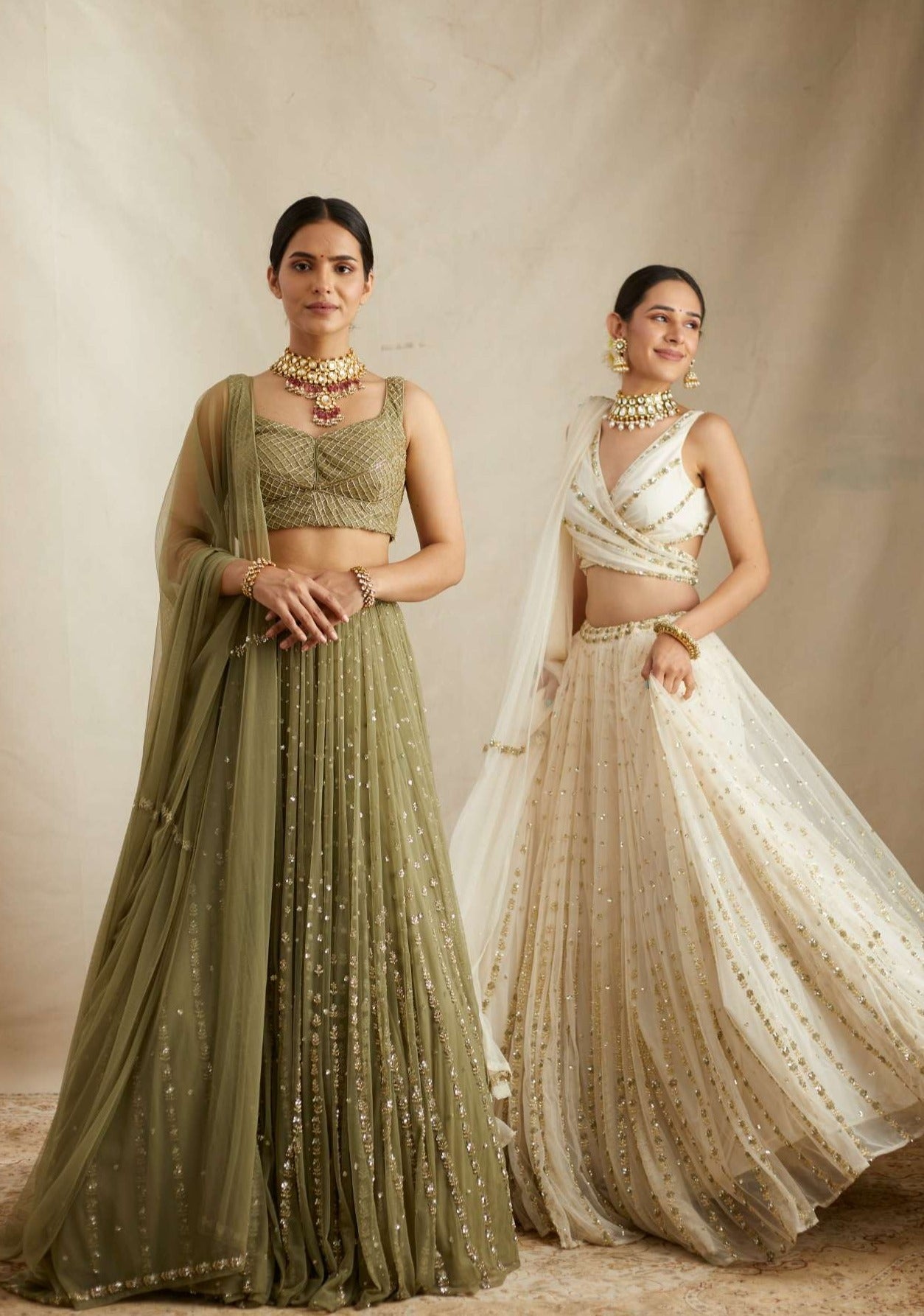 Olive Green Net Crepe Line Embroidered Lehenga Set