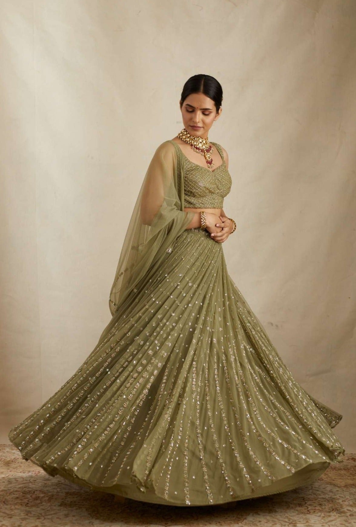 Olive Green Net Crepe Line Embroidered Lehenga Set