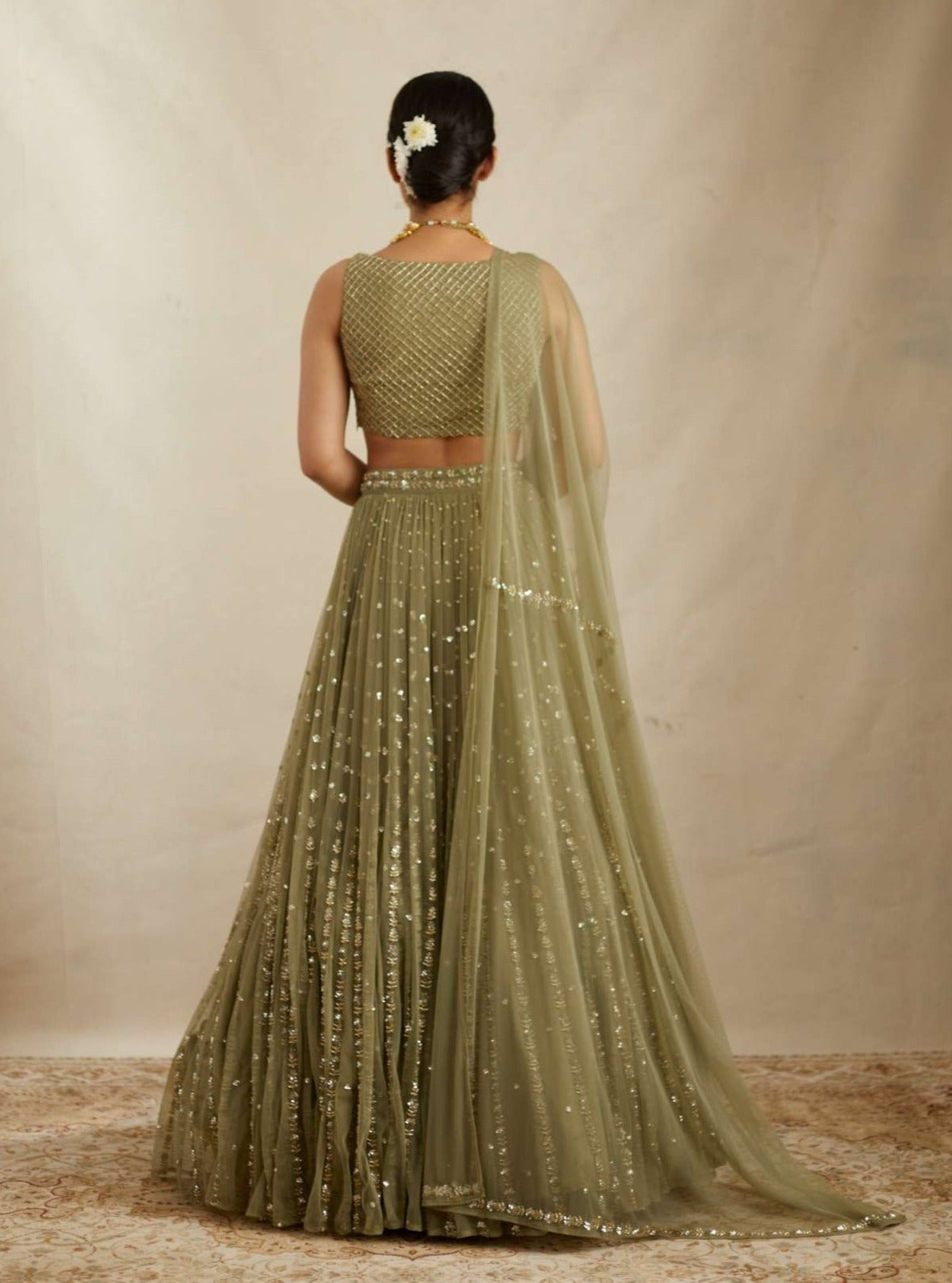 Olive Green Net Crepe Line Embroidered Lehenga Set