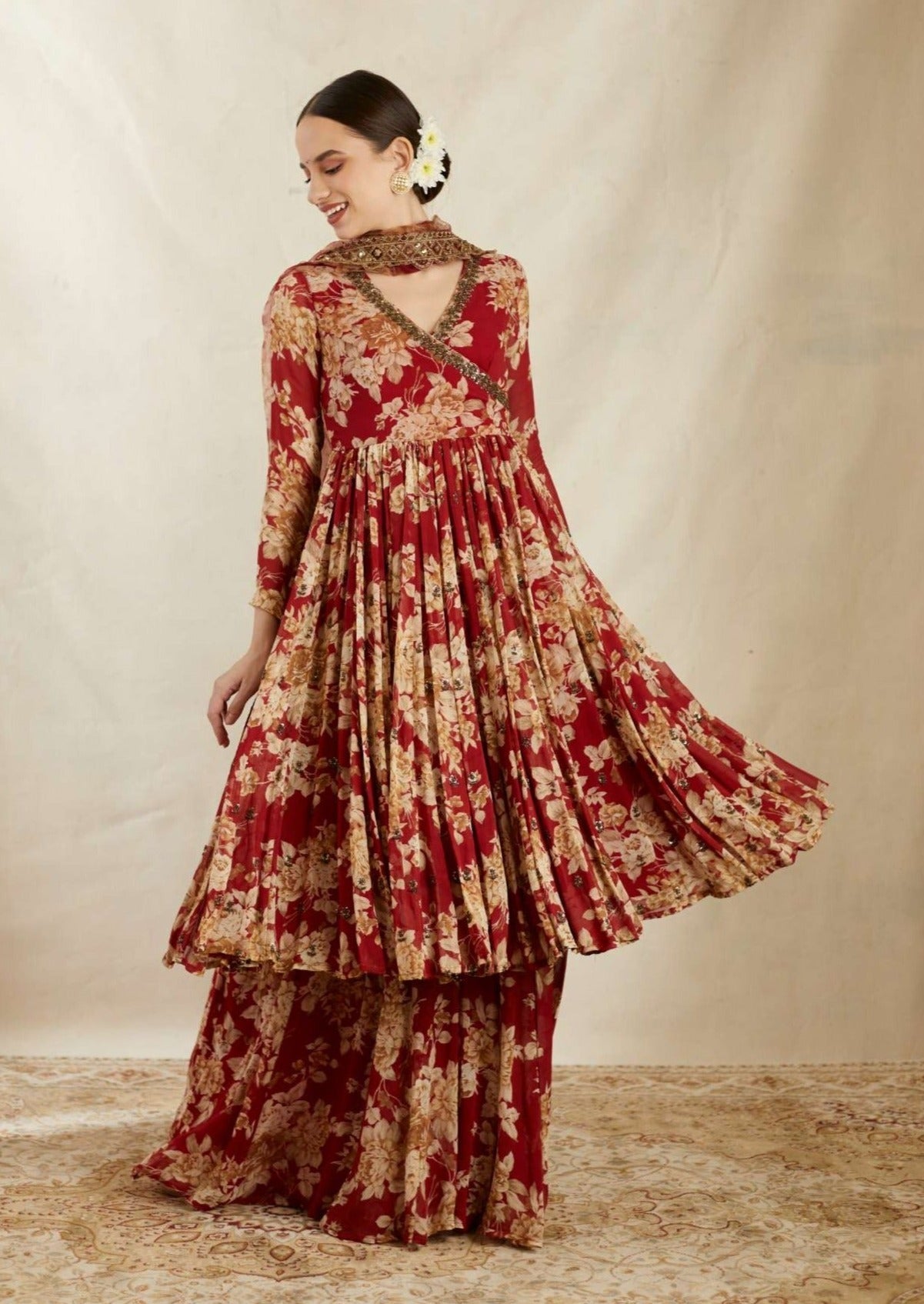 Red Georgette Floral Angrakha Set