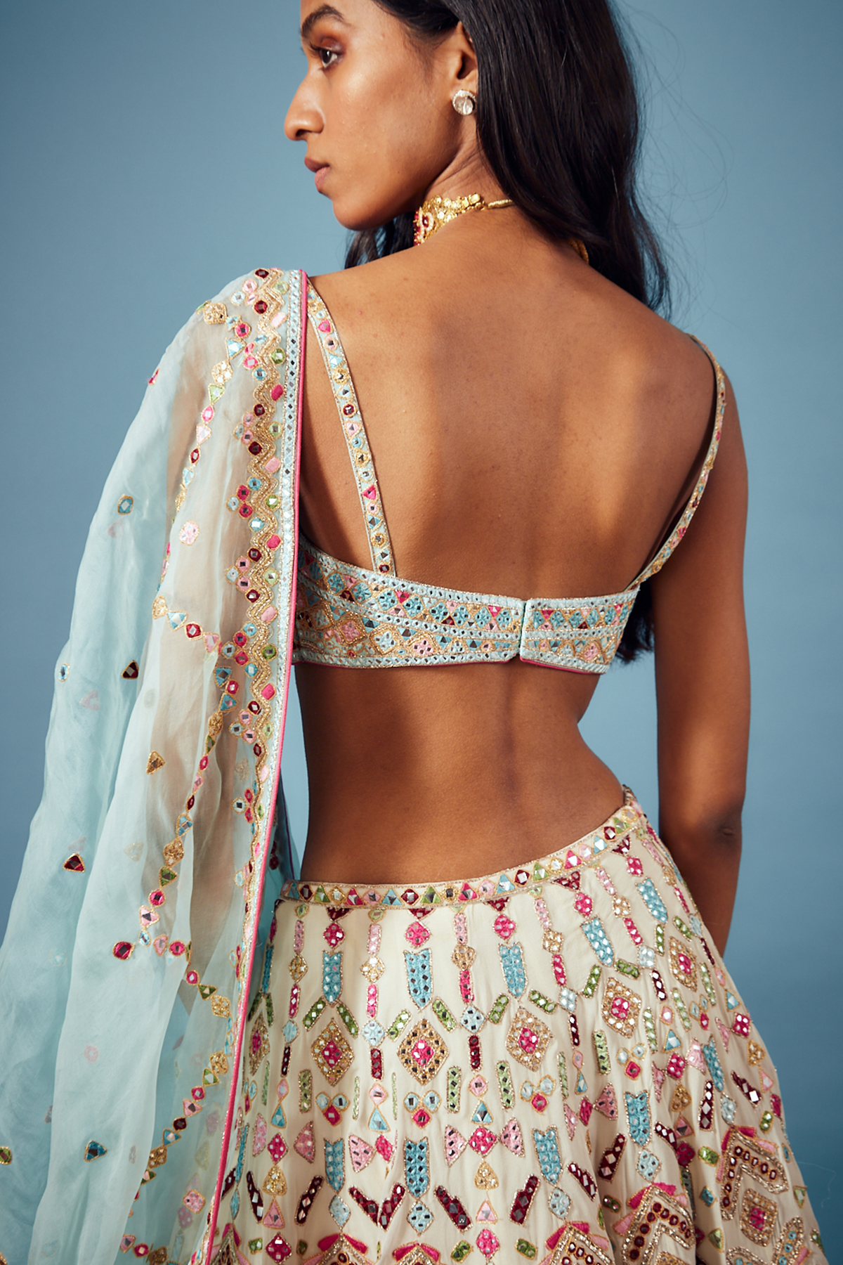 Ivory Georgette Multi Coloured Resham Lehenga Set