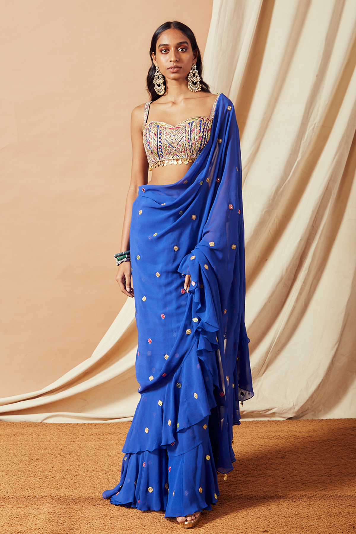 Royal Blue Ruffle Saree Set