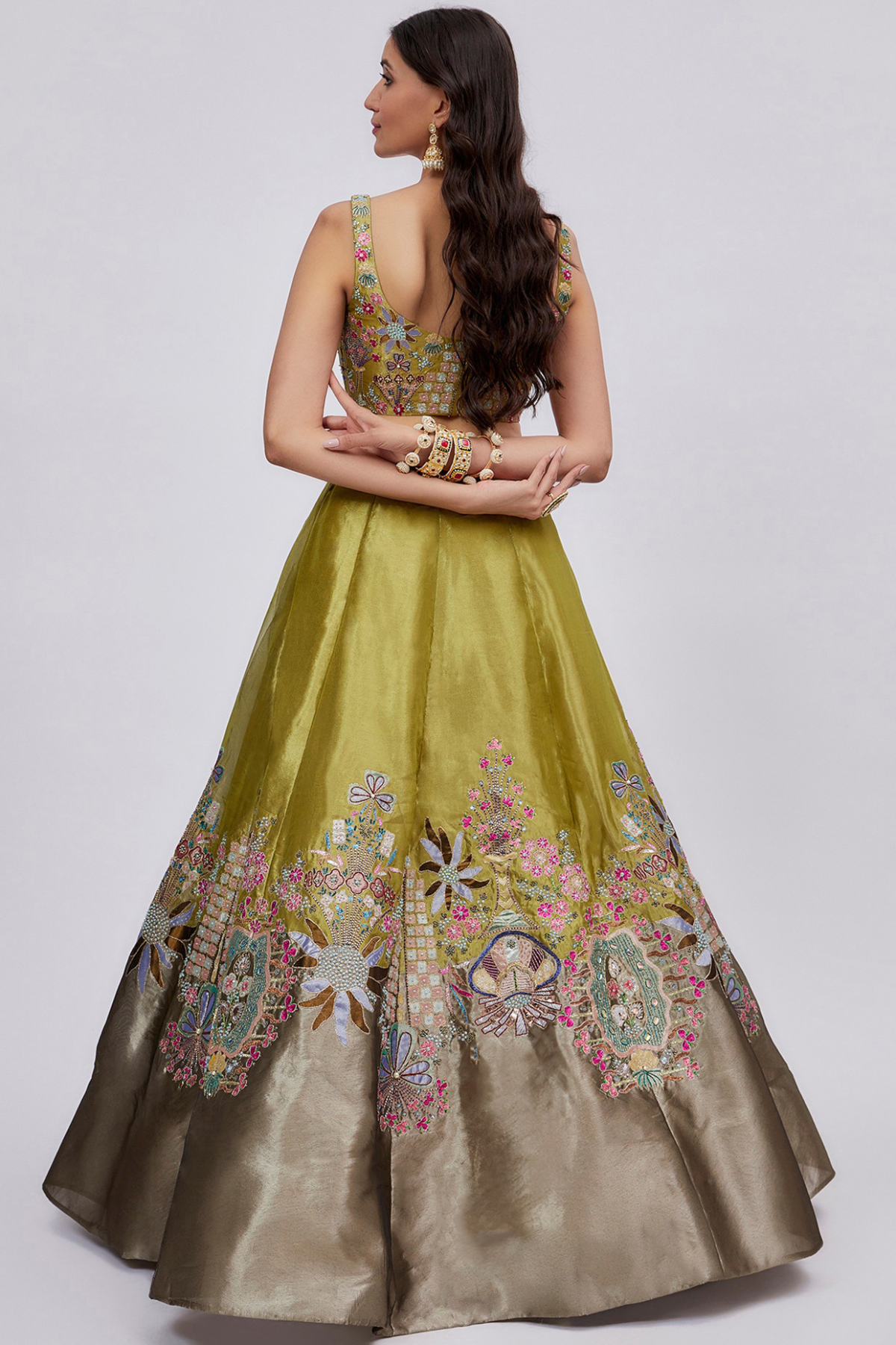 Ornate - Olive - Metallic Tissue Lehenga Set