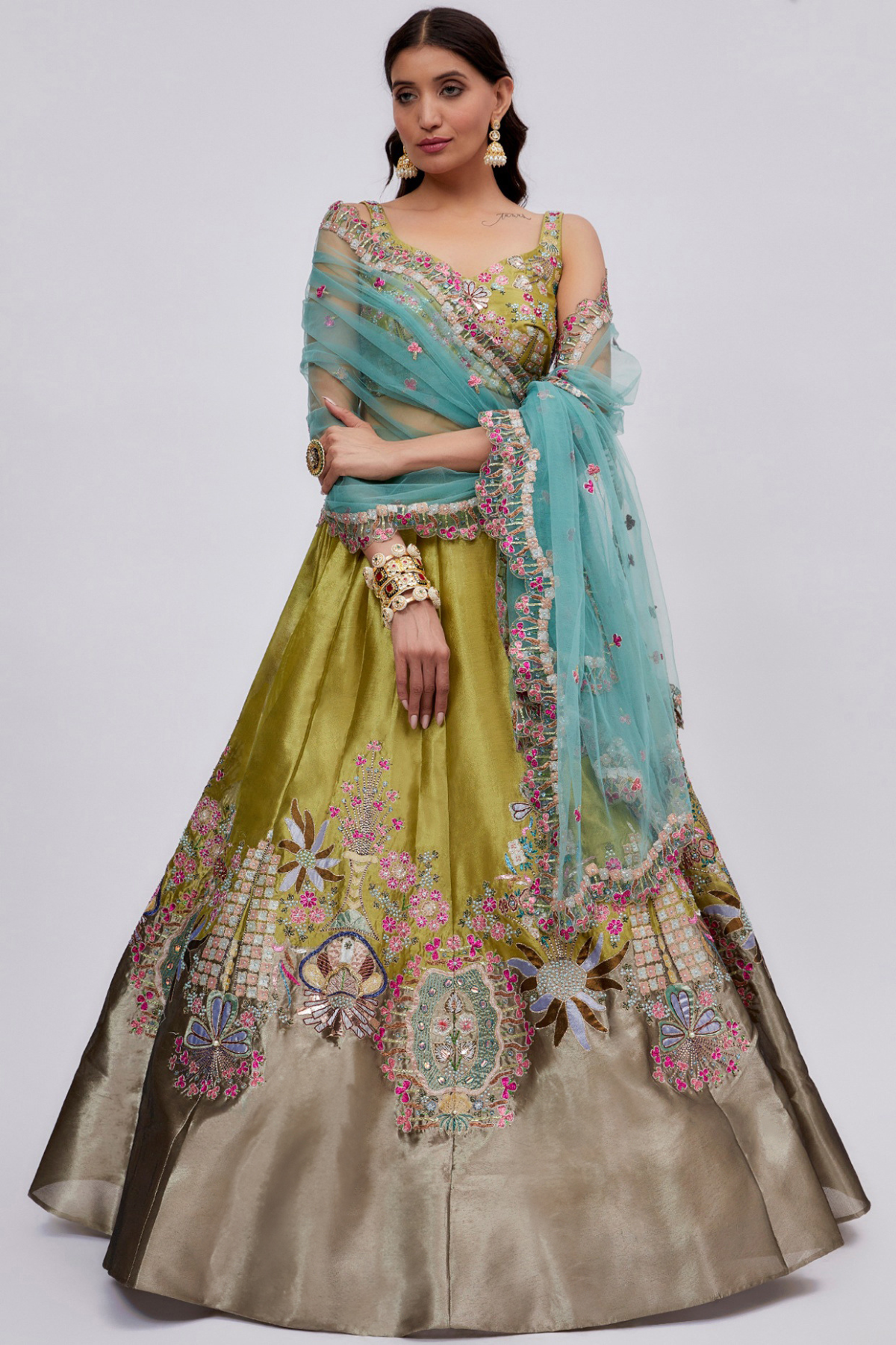 Ornate - Olive - Metallic Tissue Lehenga Set