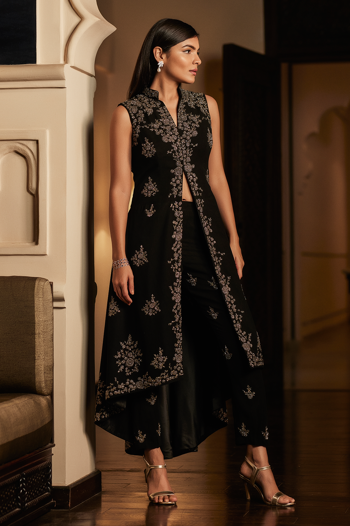 Black Georgette Cape With Pants