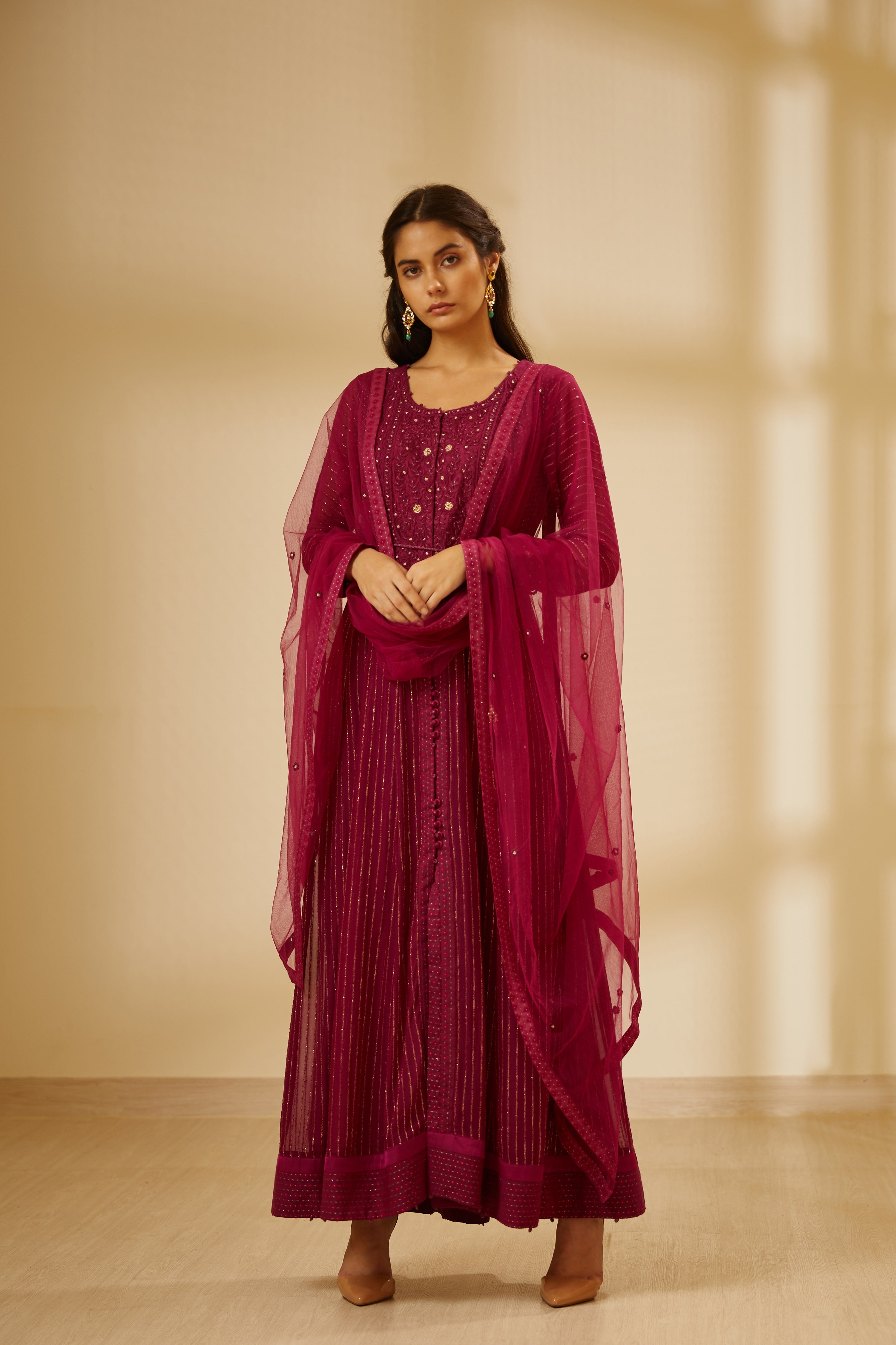 Wine Anarkali Set