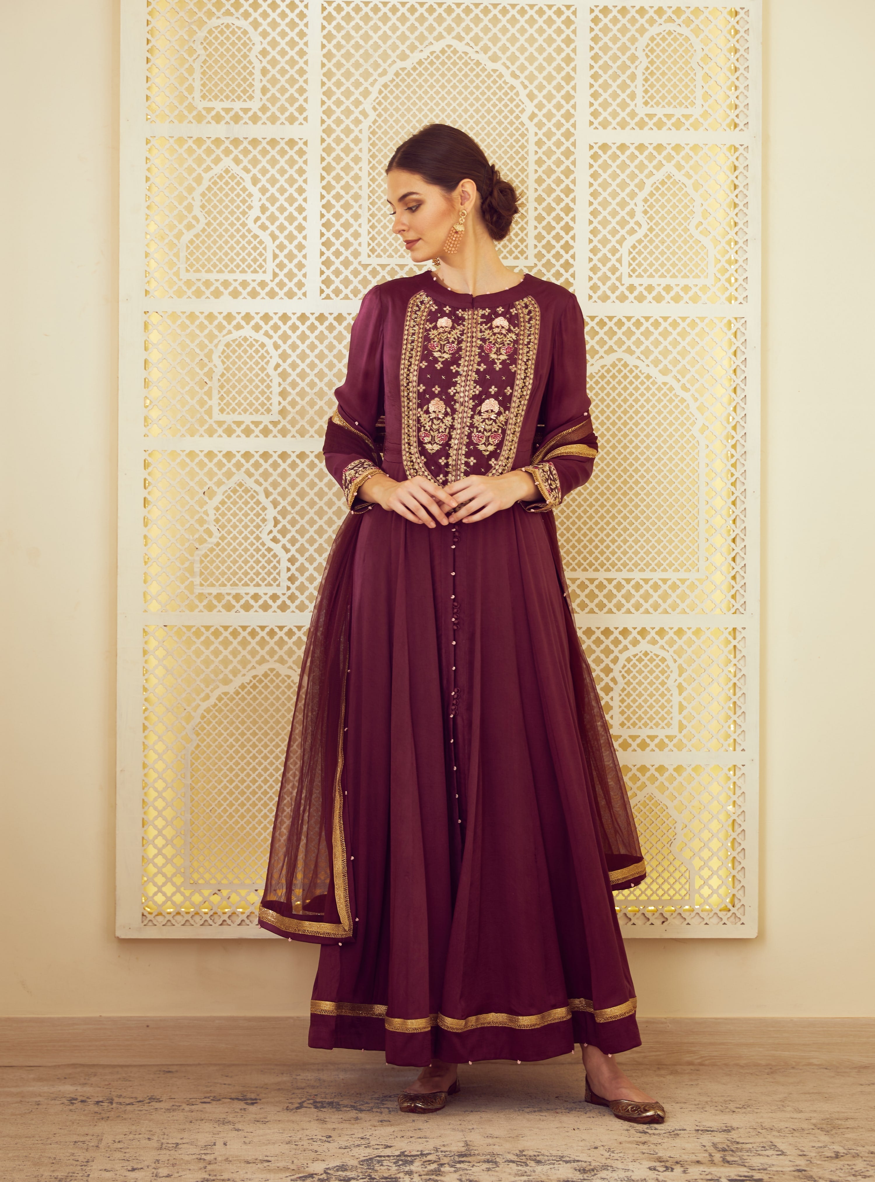 Wine Anarkali Set