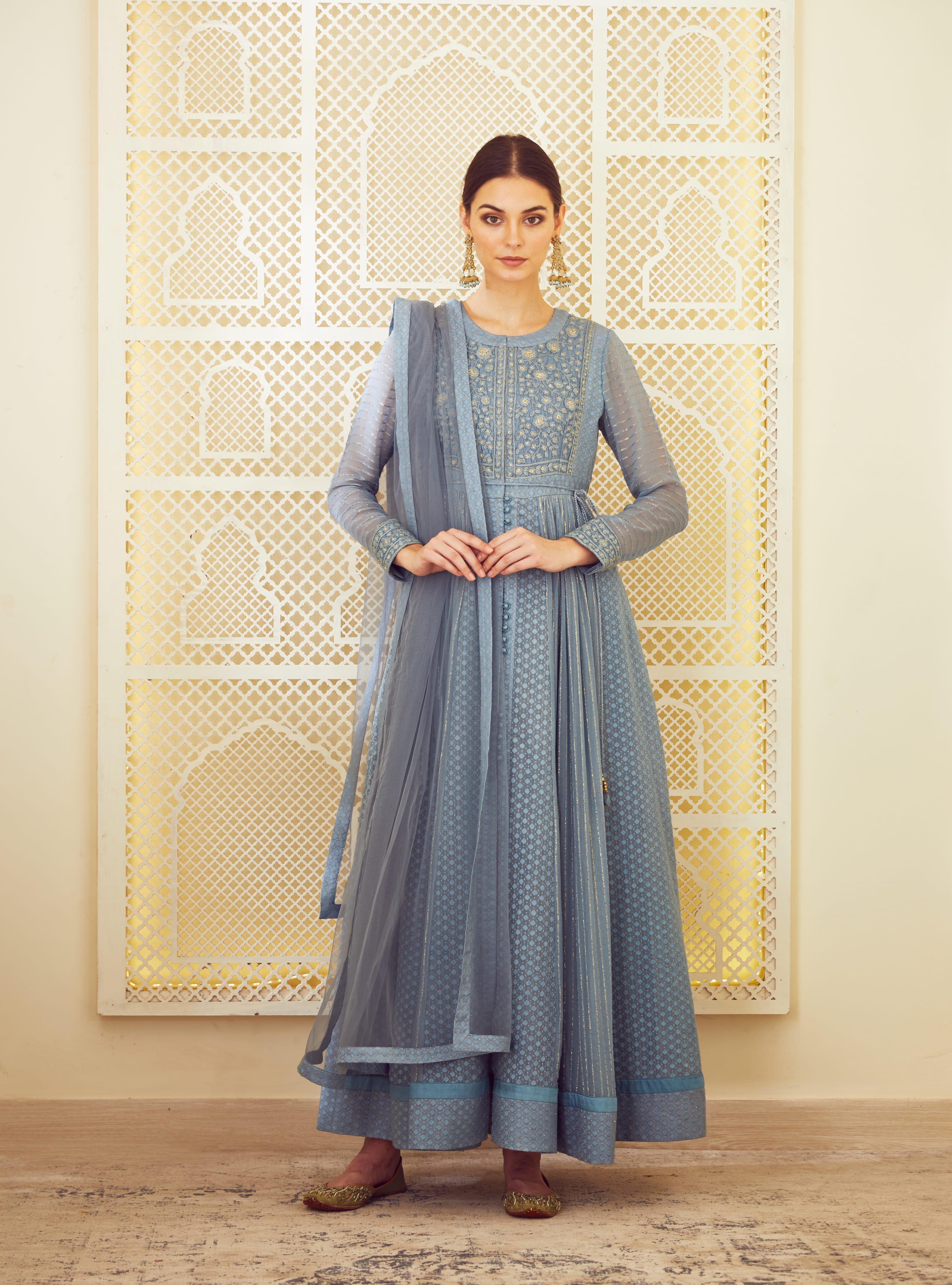 Blue Grey Anarkali Set