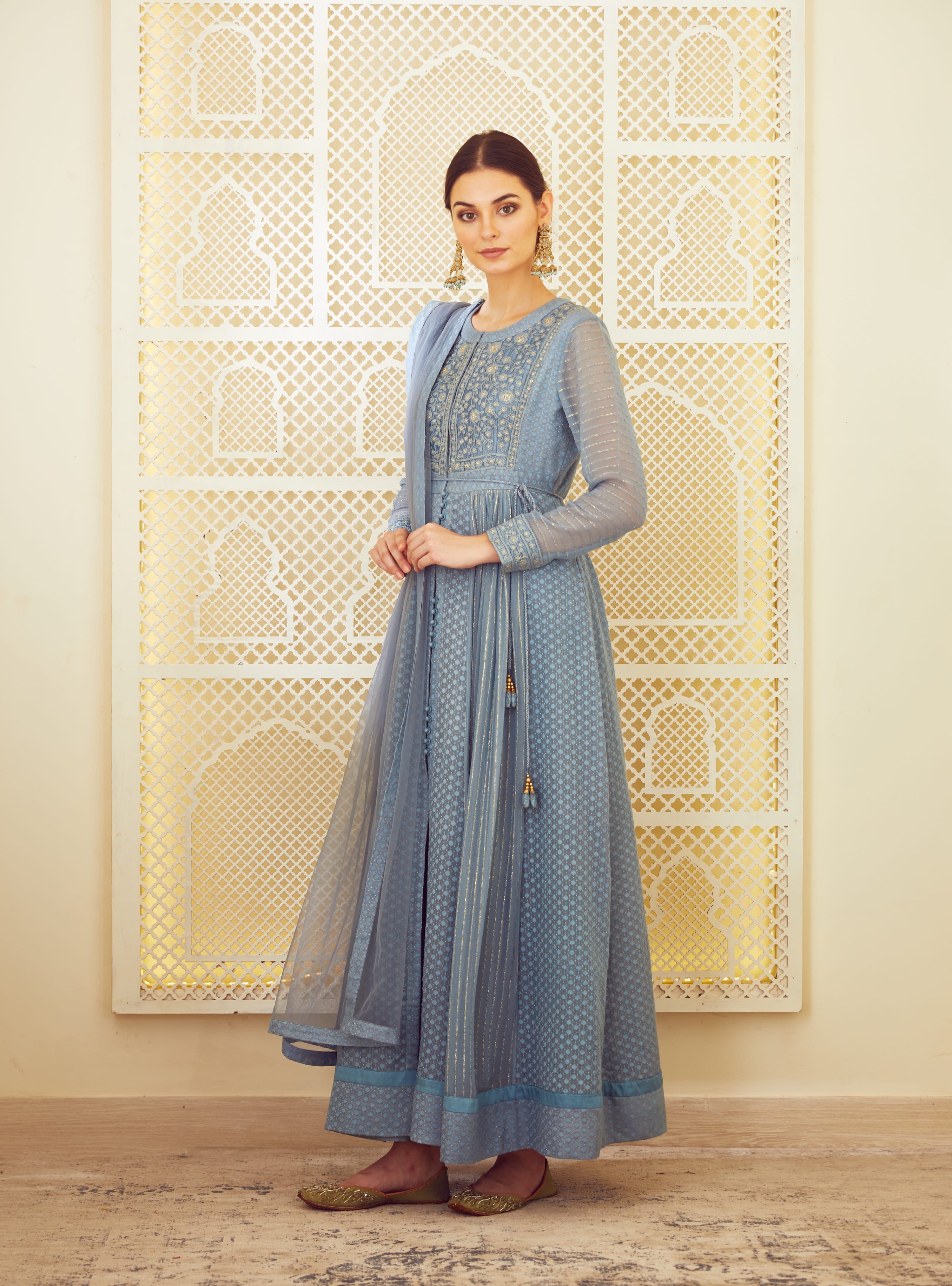 Blue Grey Anarkali Set