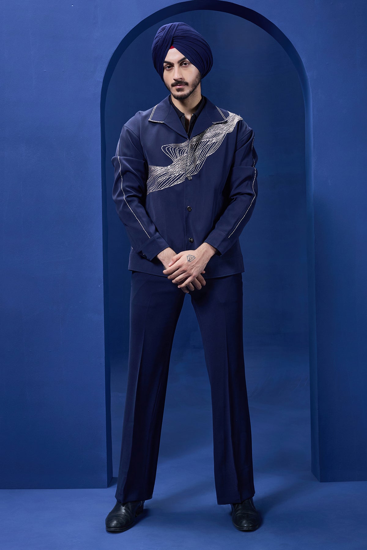 Navy Blue cord set detailing with thread embroidery