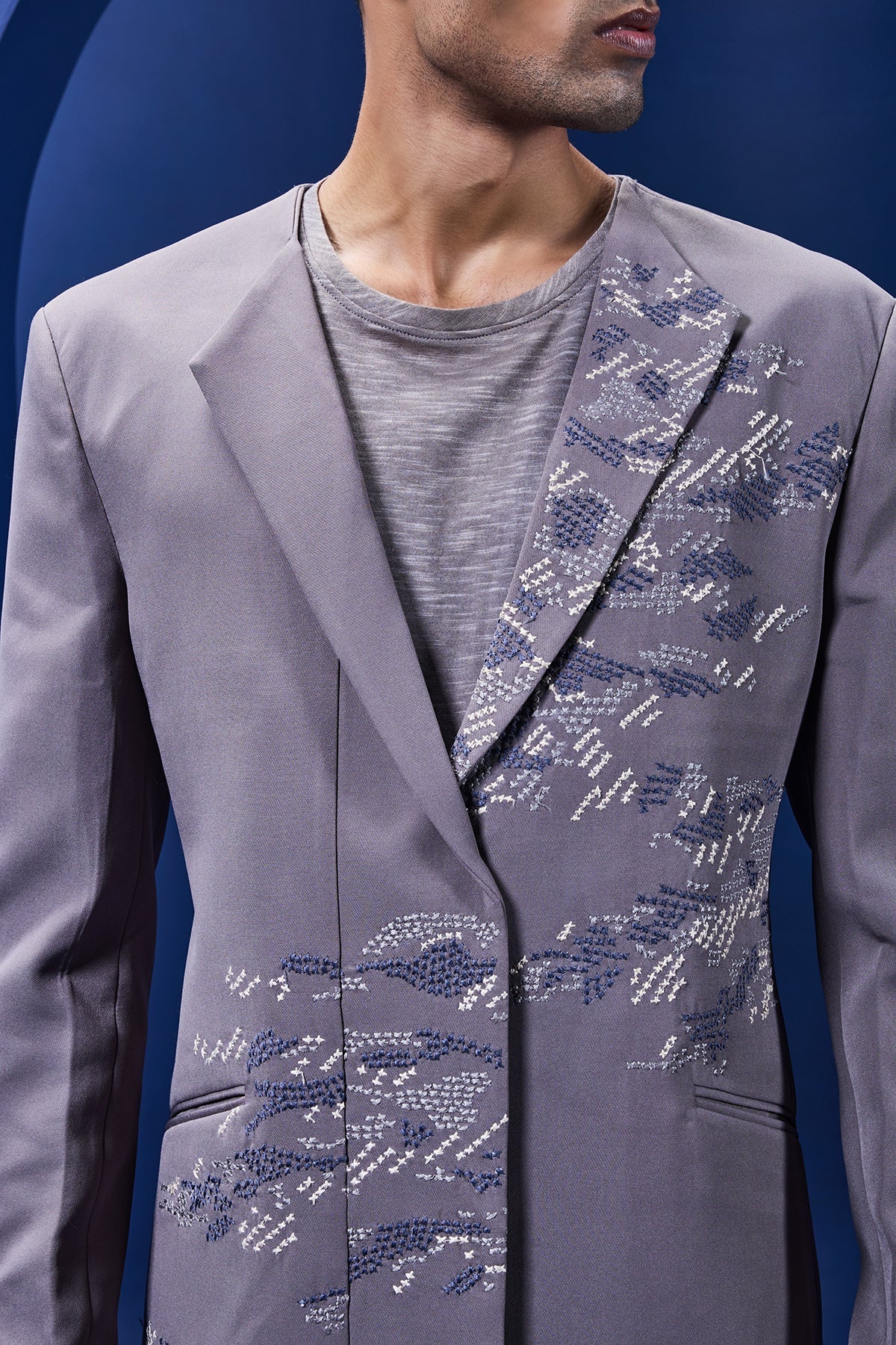 Grey cord set detailing with thread embroidery