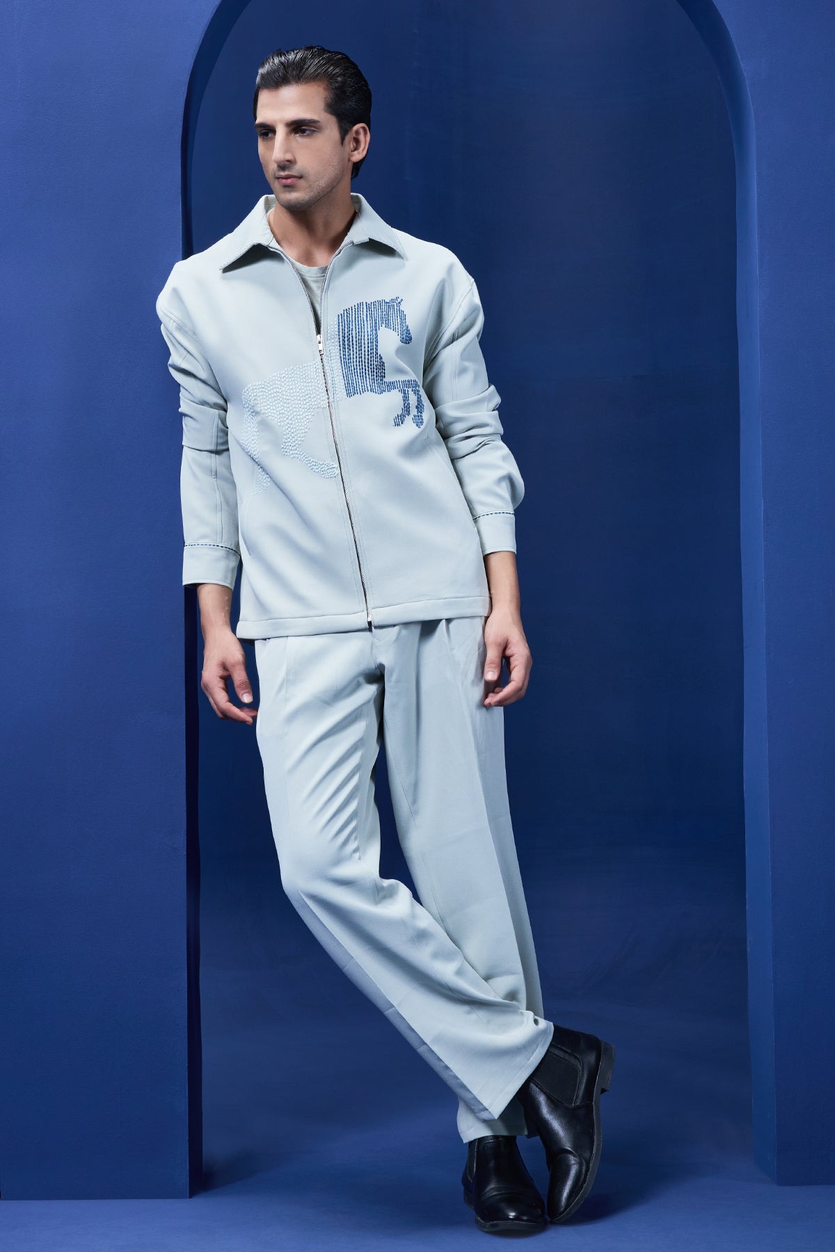 Pista green cord set detailing with horse embroidery