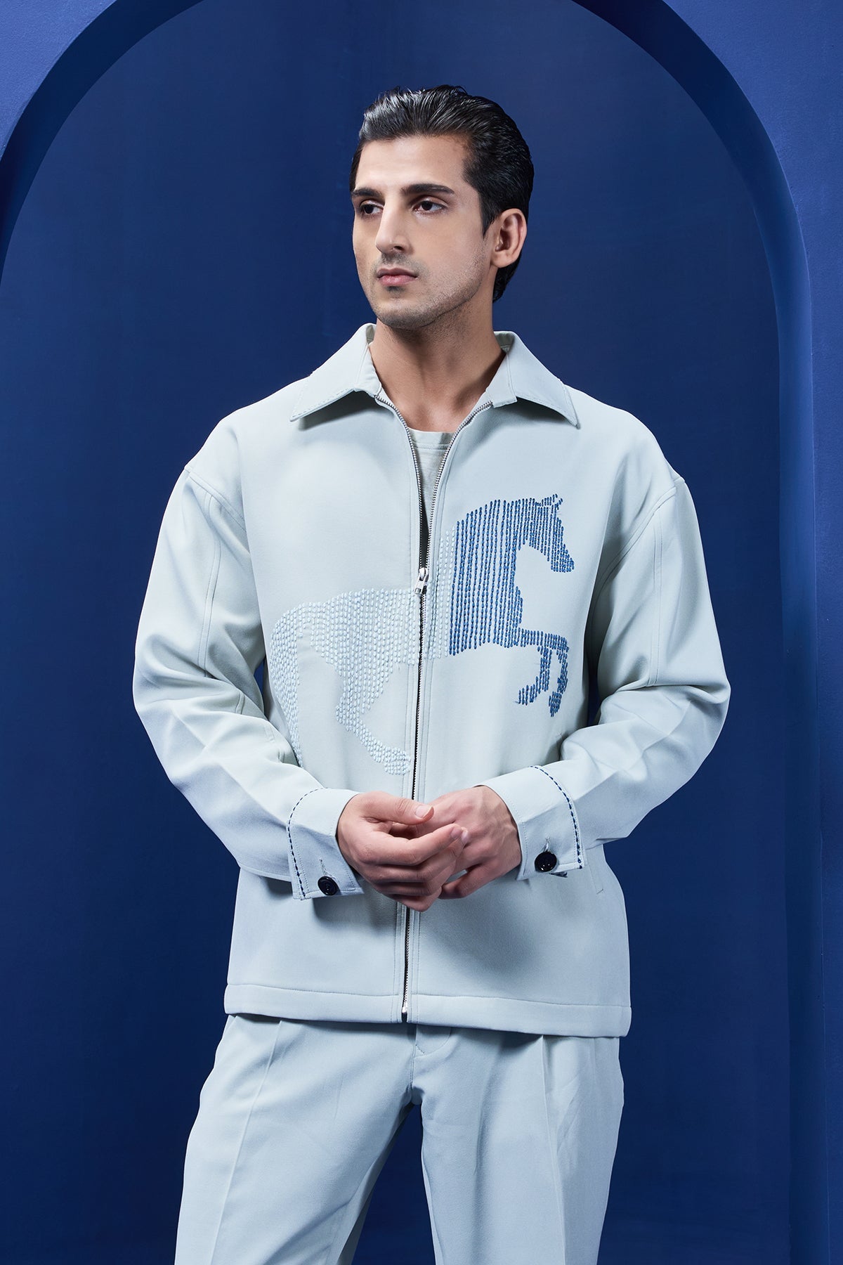 Pista green cord set detailing with horse embroidery