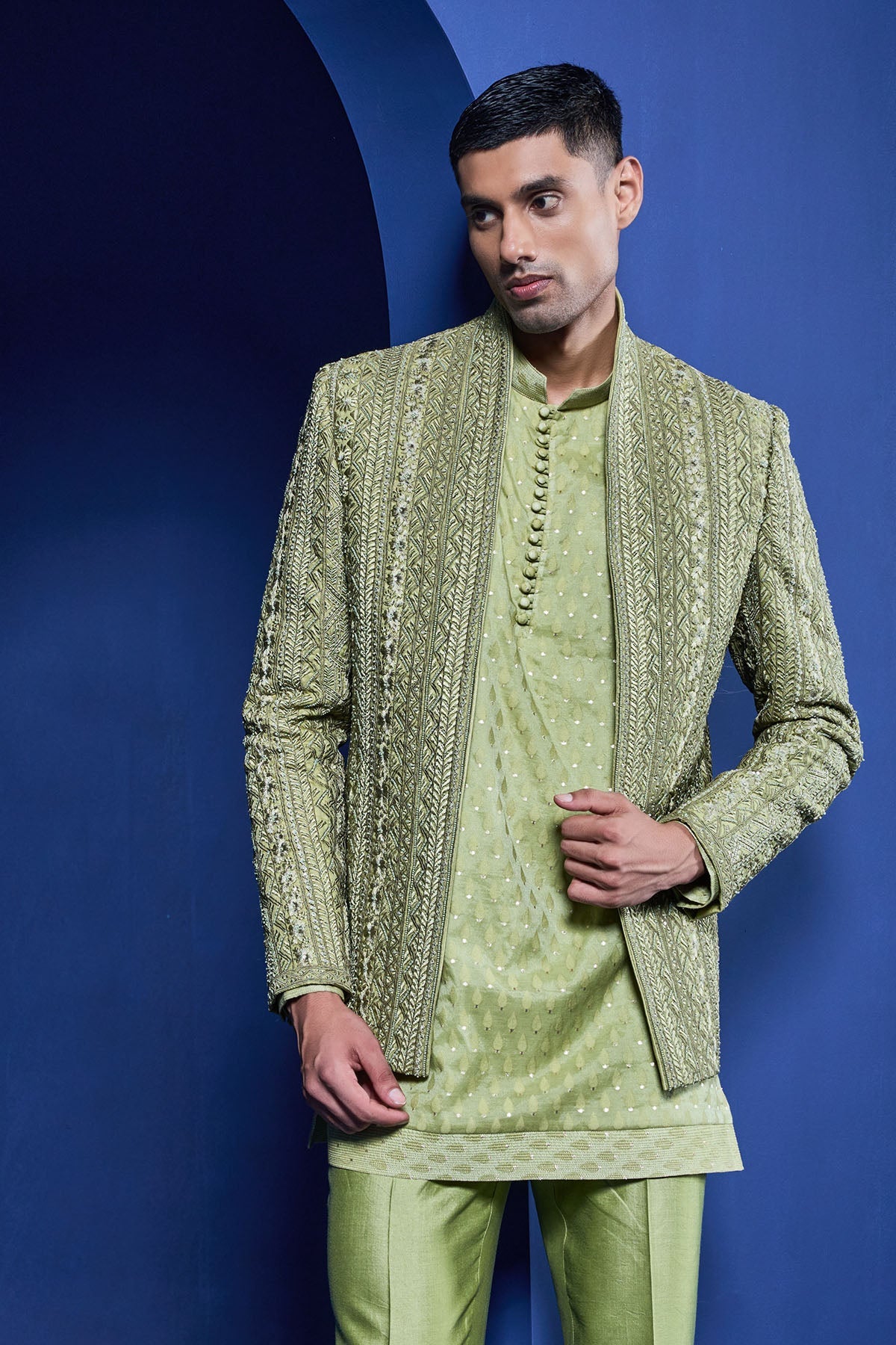 Green open bandhgala 
with thread sequins & pearl
work