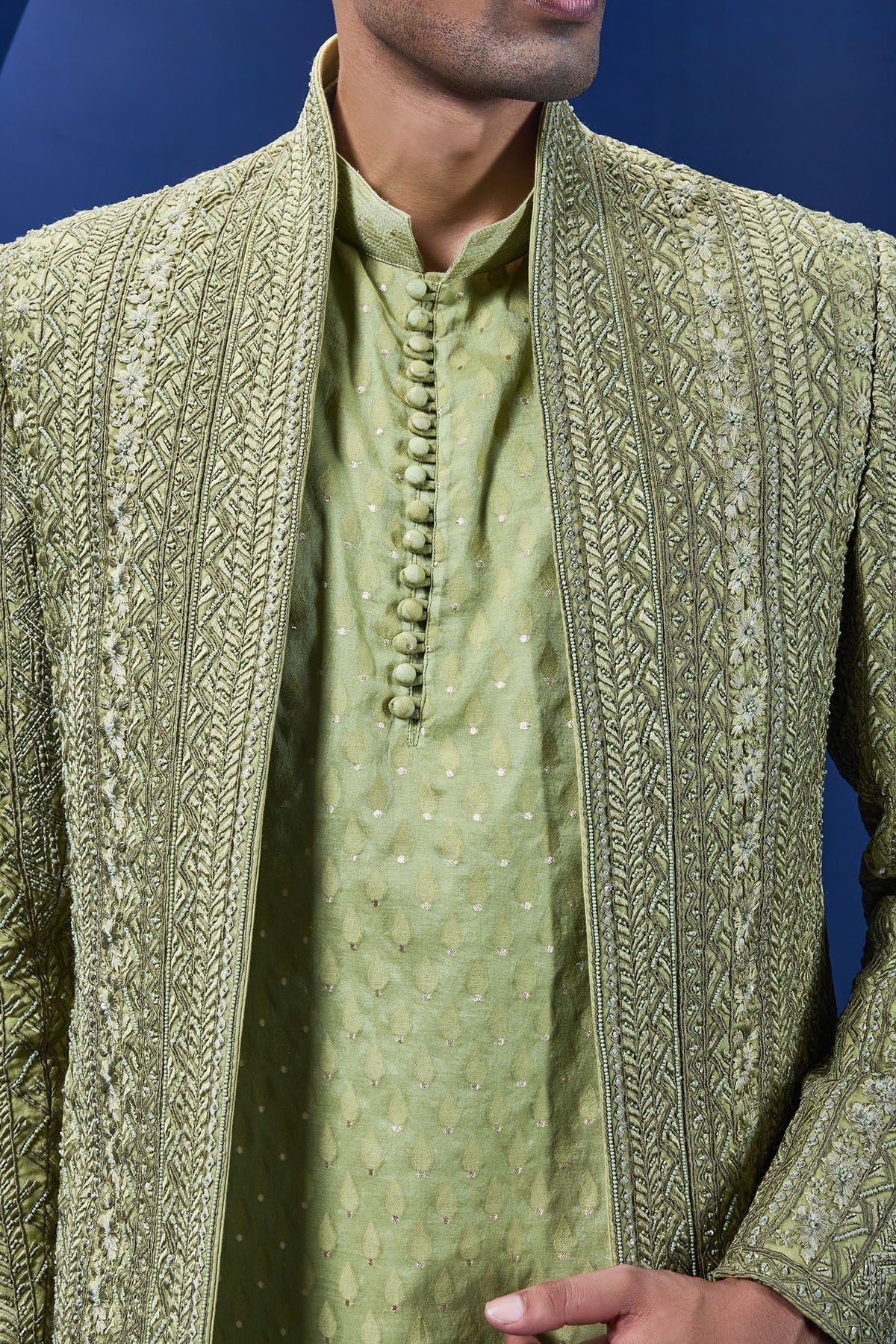 Green open bandhgala 
with thread sequins & pearl
work