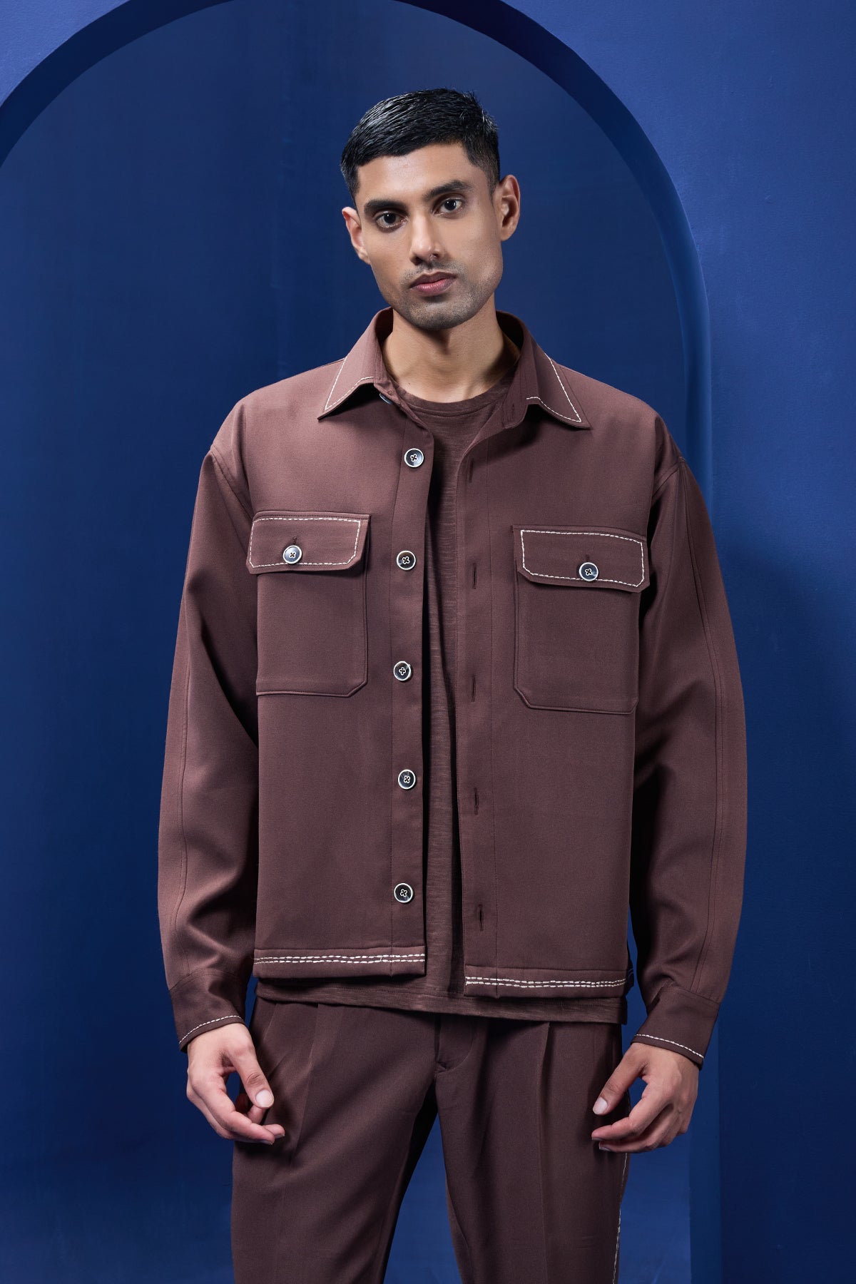 Brown cord set detailing with brown button and horse embroidery