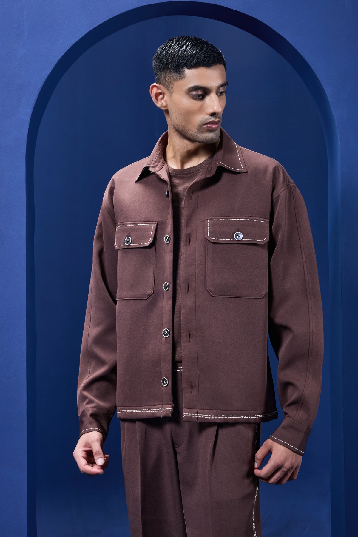 Brown cord set detailing with brown button and horse embroidery