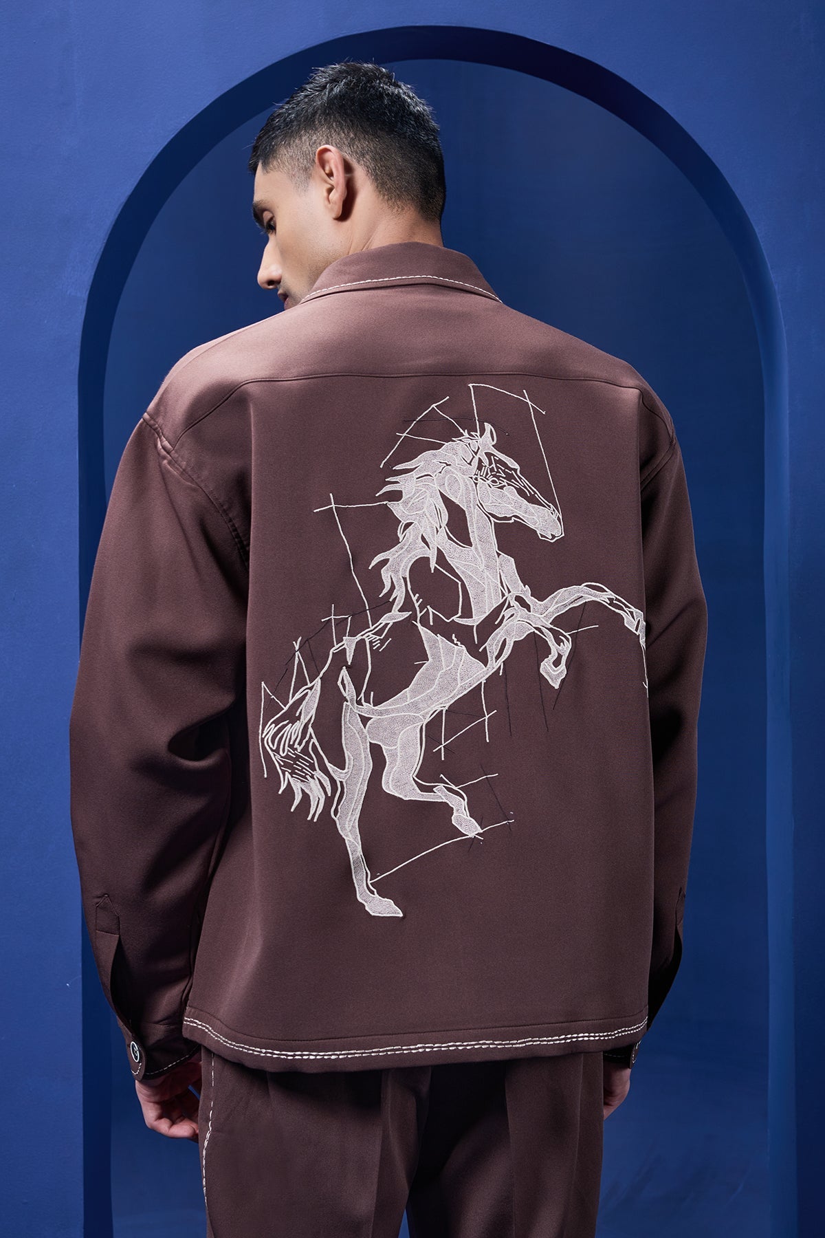 Brown cord set detailing with brown button and horse embroidery