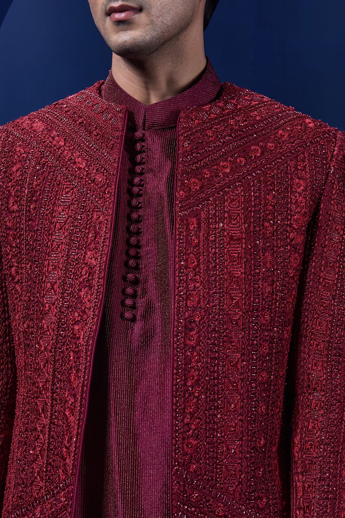 Wine open bandhgala 
with thread sequins & pearl
work