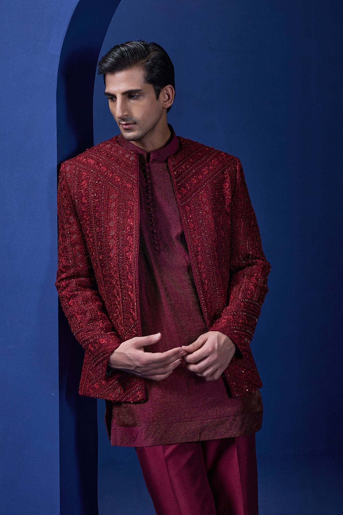 Wine open bandhgala 
with thread sequins & pearl
work