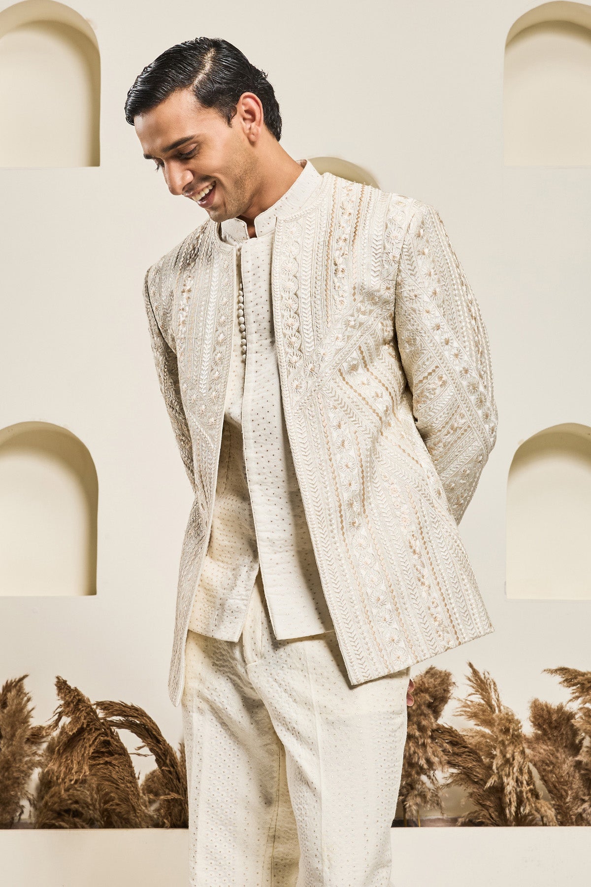 Ivory open bandhgala 
with Resham thread Work