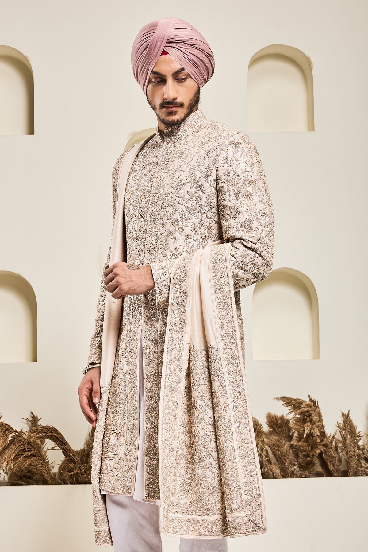 Dusty rose sherwani with pearl sequins and zari work