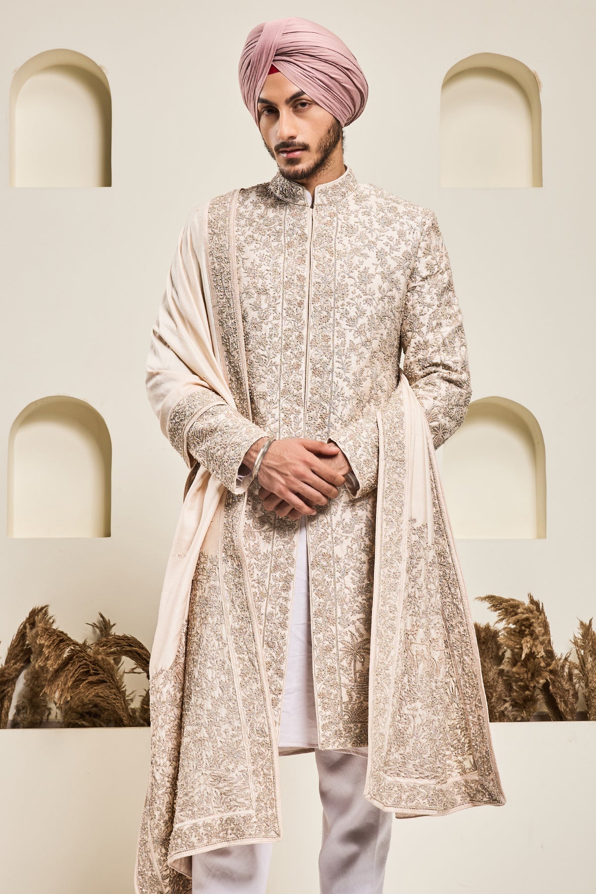 Dusty rose sherwani with pearl sequins and zari work