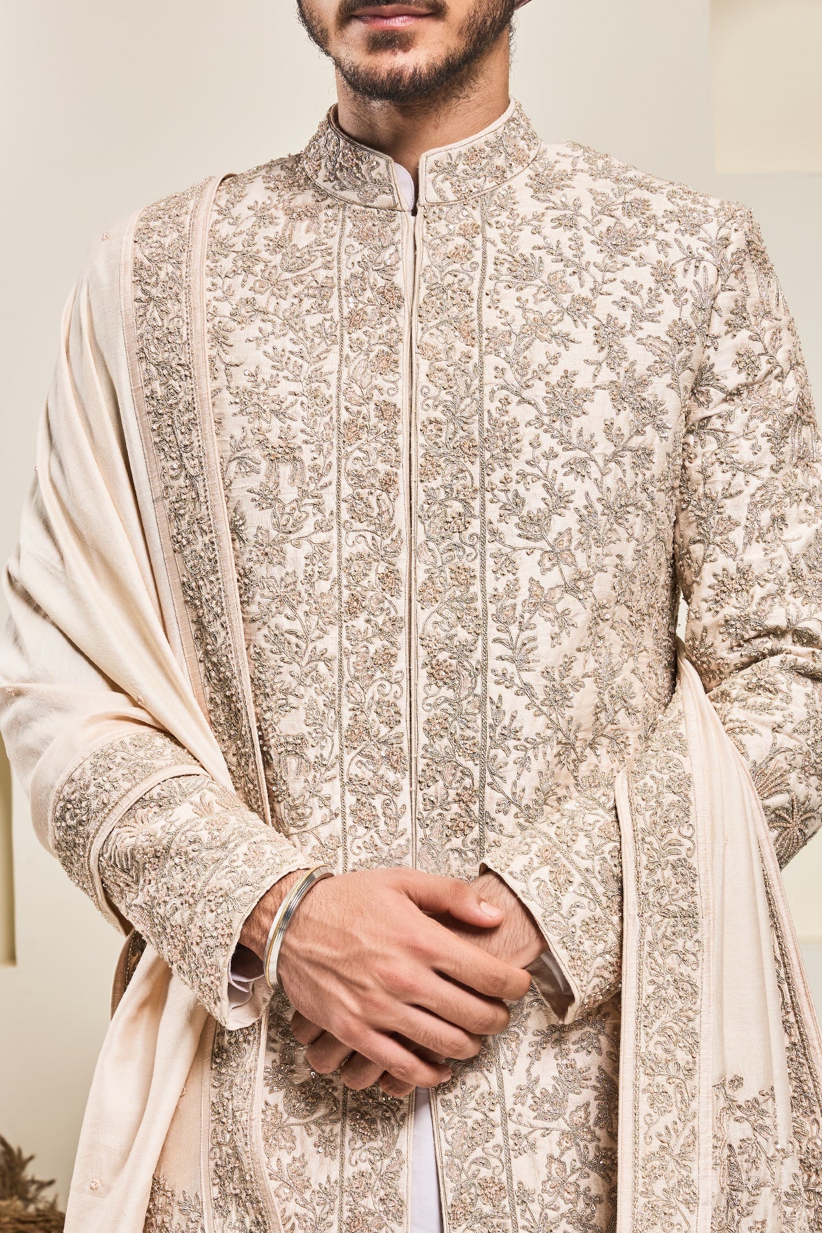 Dusty rose sherwani with pearl sequins and zari work