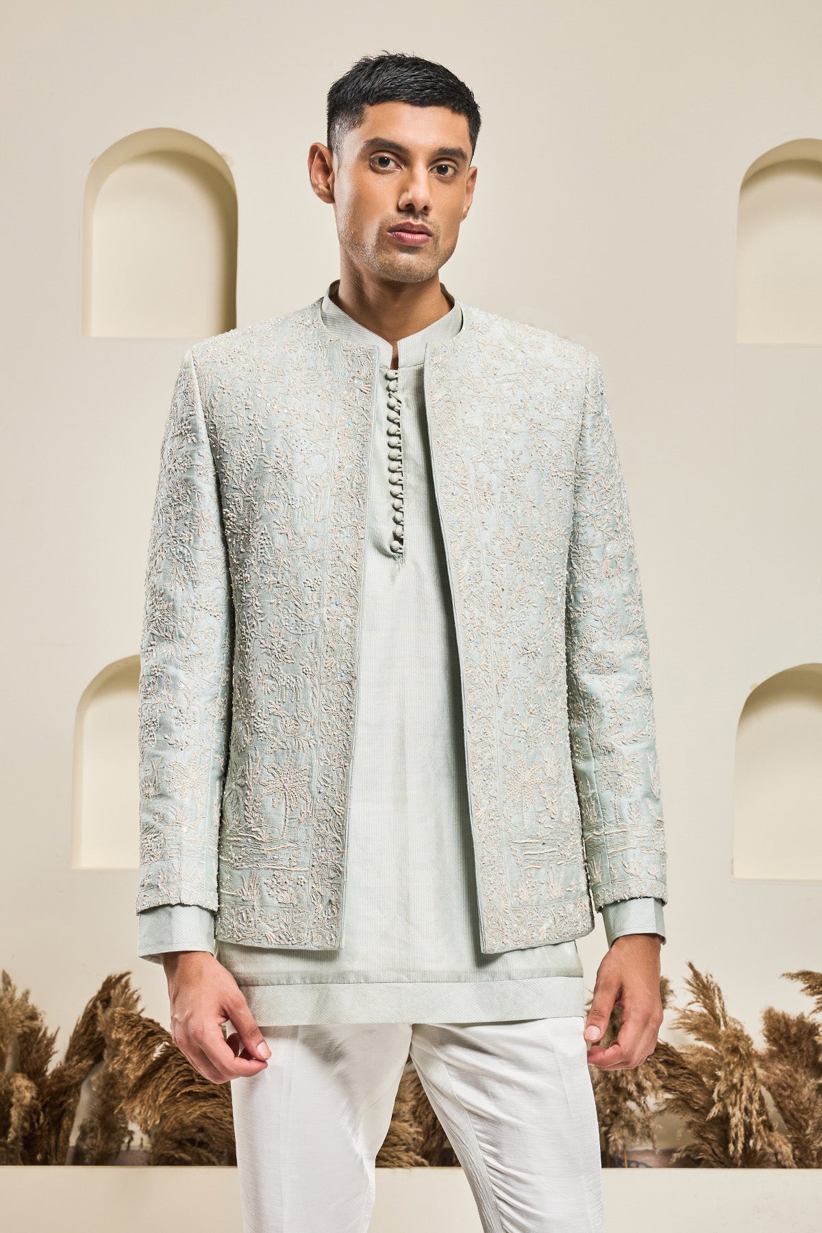 Iceblue open bandhgala 
with thread sequins & pearl
work