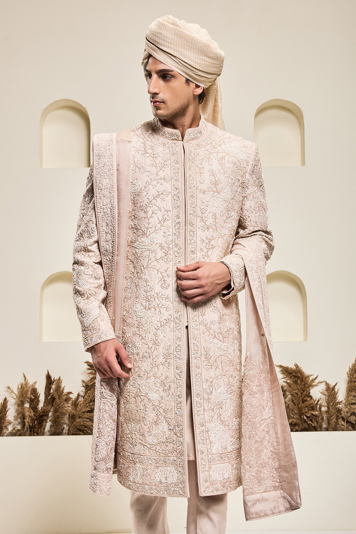 Dusty rose sherwani with pearl and thread work